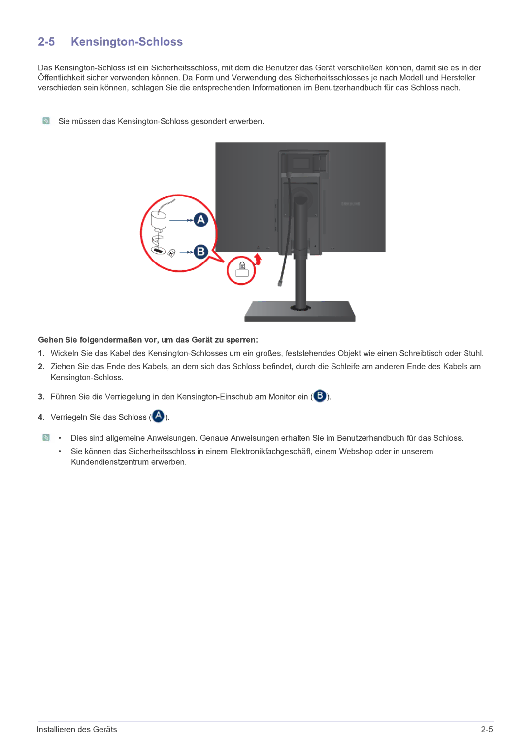 Samsung LS24A460BSU/EN manual Kensington-Schloss, Gehen Sie folgendermaßen vor, um das Gerät zu sperren 