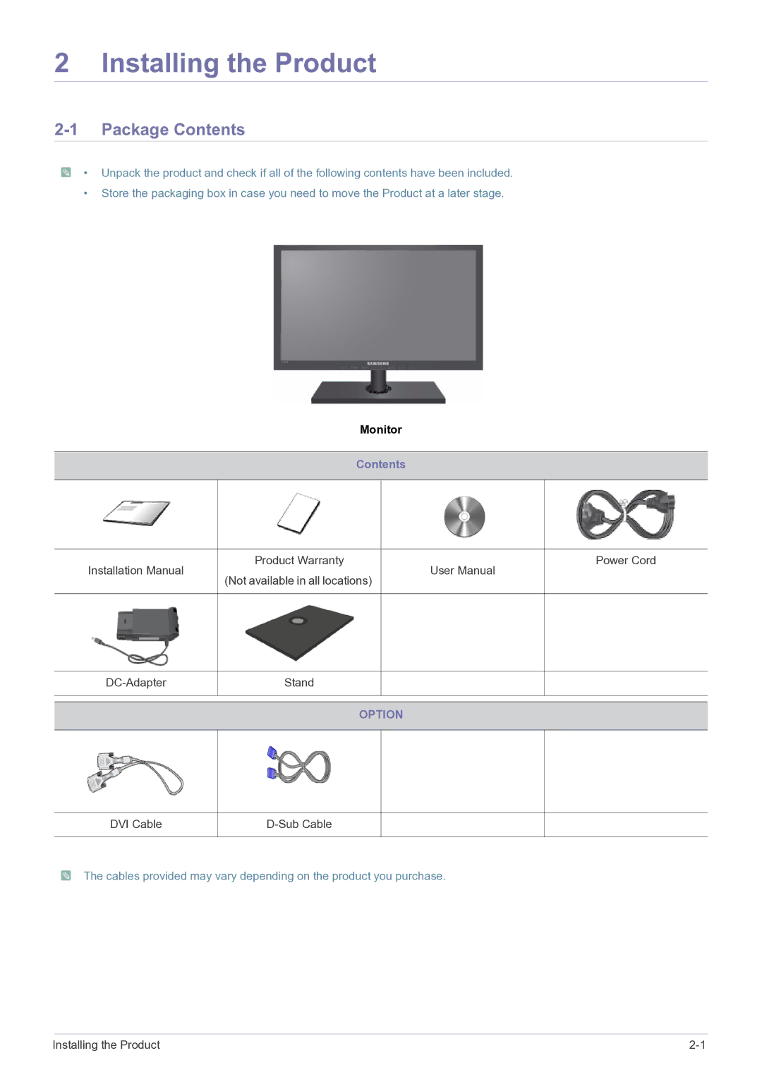 Samsung LS24A460BSU/EN manual Installing the Product, Package Contents 