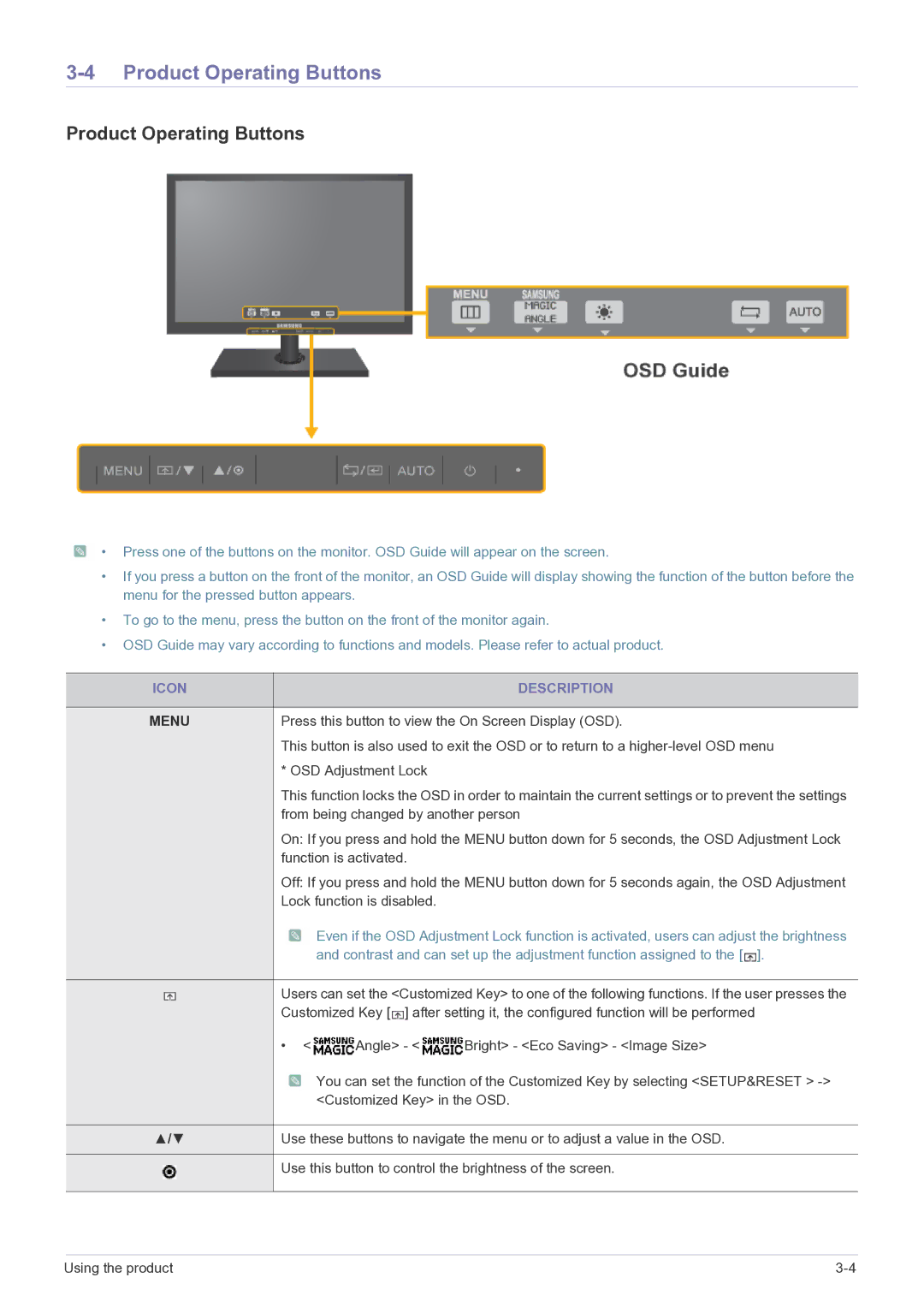 Samsung LS24A460BSU/EN manual Product Operating Buttons, Icon Description 