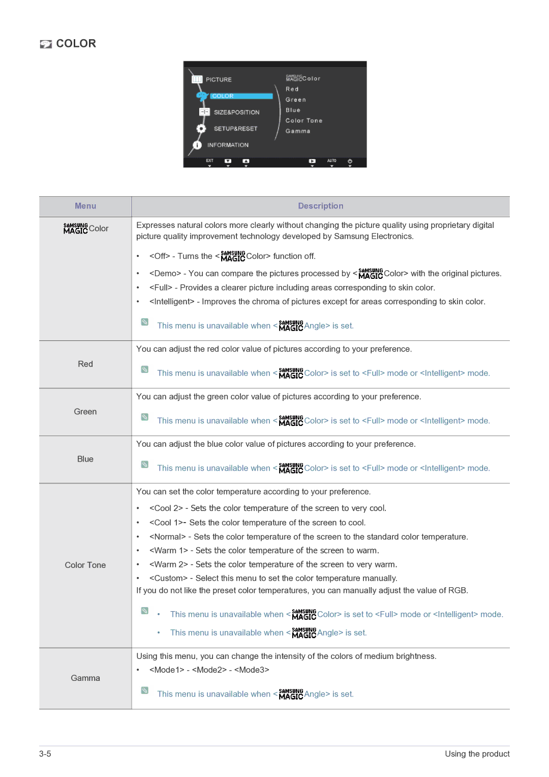 Samsung LS24A460BSU/EN manual Color, This menu is unavailable when Angle is set 