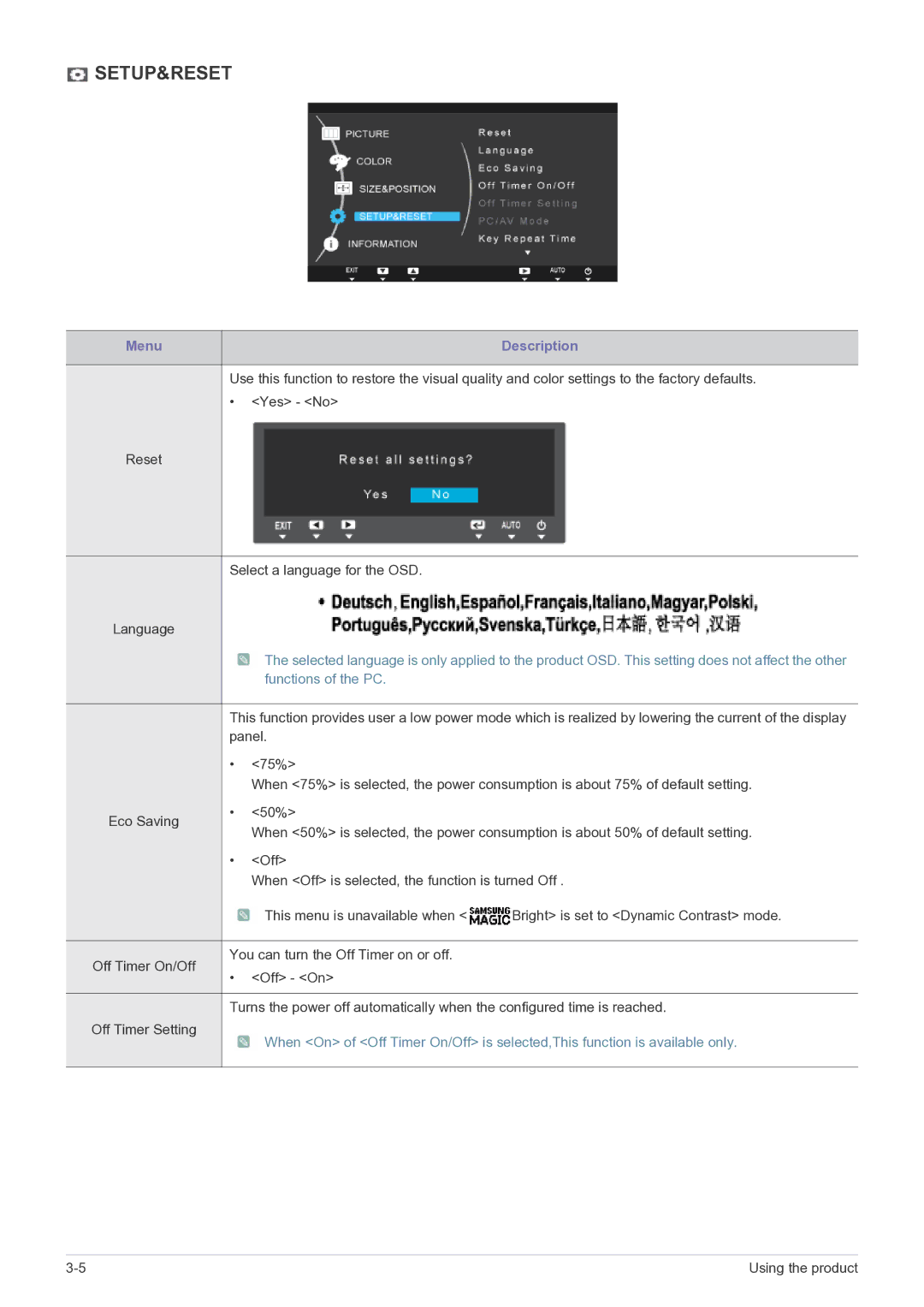 Samsung LS24A460BSU/EN manual Setup&Reset 