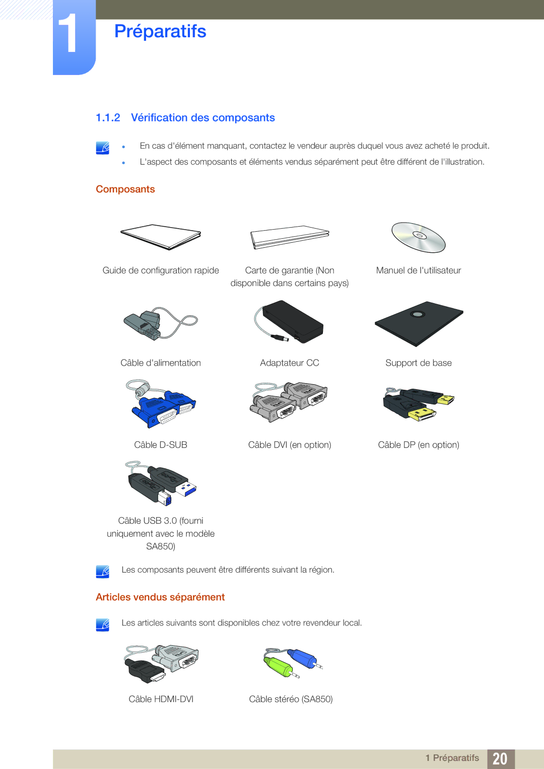 Samsung LS24A650DE/EN, LS27A650DS/EN, LS24A650DS/EN 2 Vérification des composants, Composants, Articles vendus séparément 