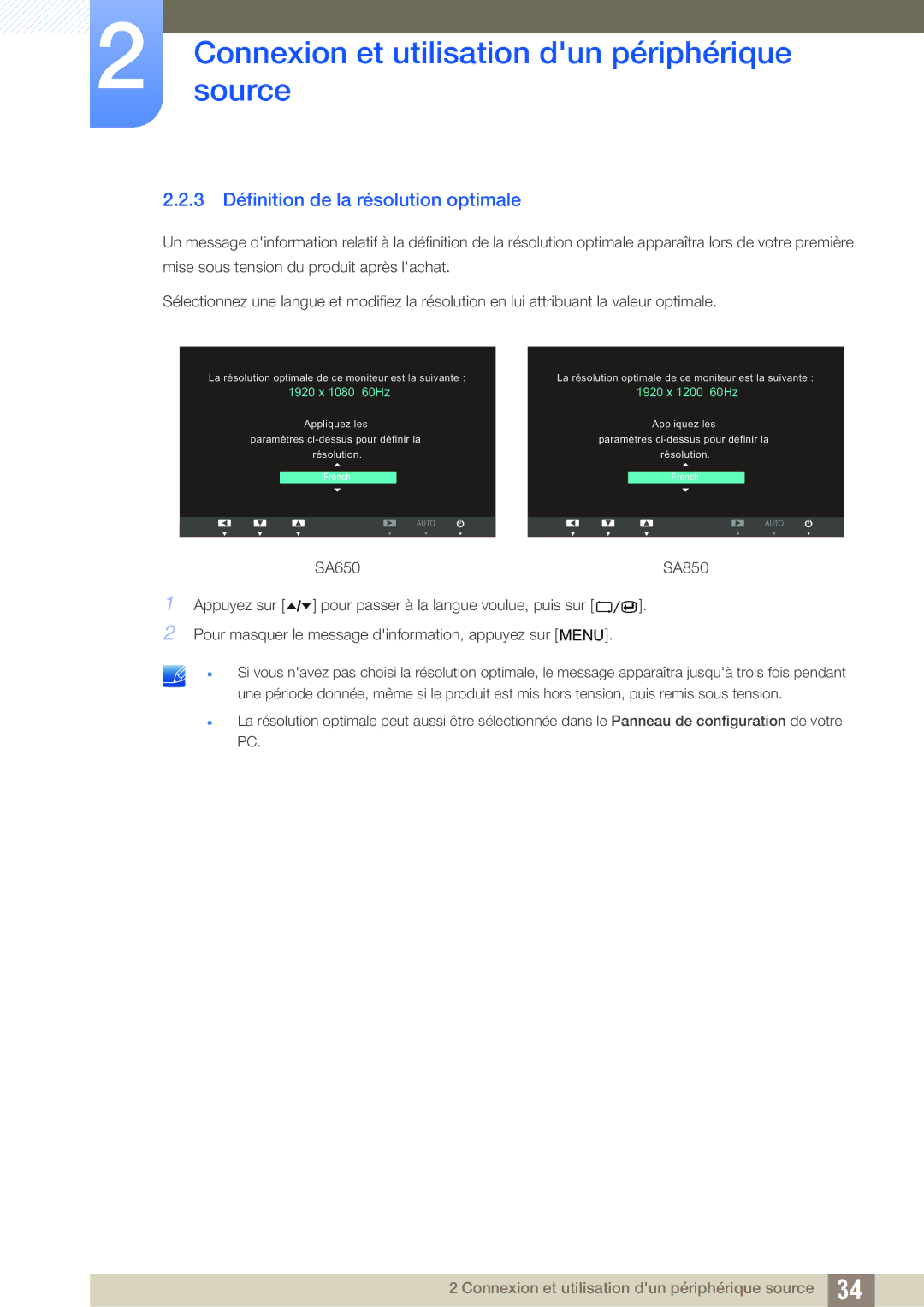 Samsung LS27A650DE/EN, LS24A650DE/EN, LS27A650DS/EN, LS24A650DS/EN 3 Définition de la résolution optimale, 1920 x 1080 60Hz 