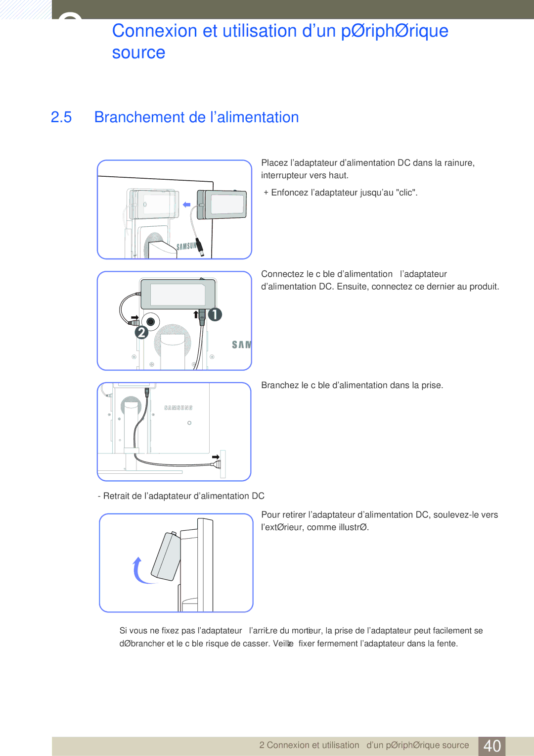 Samsung LS24A650DE/EN, LS27A650DS/EN, LS24A650DS/EN, LS24A850DW/EN, LS27A650DE/EN manual Branchement de lalimentation 