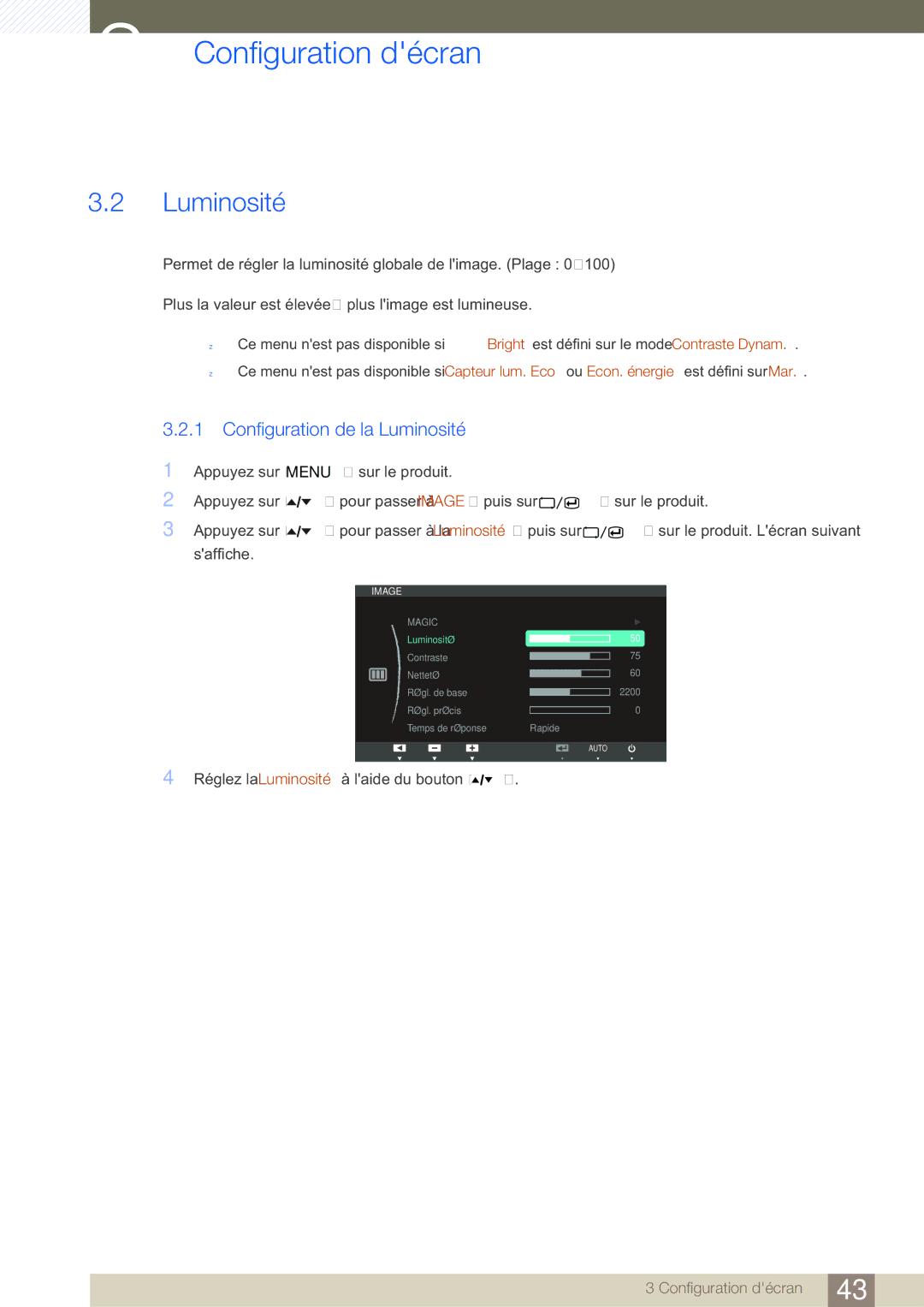 Samsung LS24A850DW/EN, LS24A650DE/EN, LS27A650DS/EN, LS24A650DS/EN, LS27A650DE/EN manual Configuration de la Luminosité 