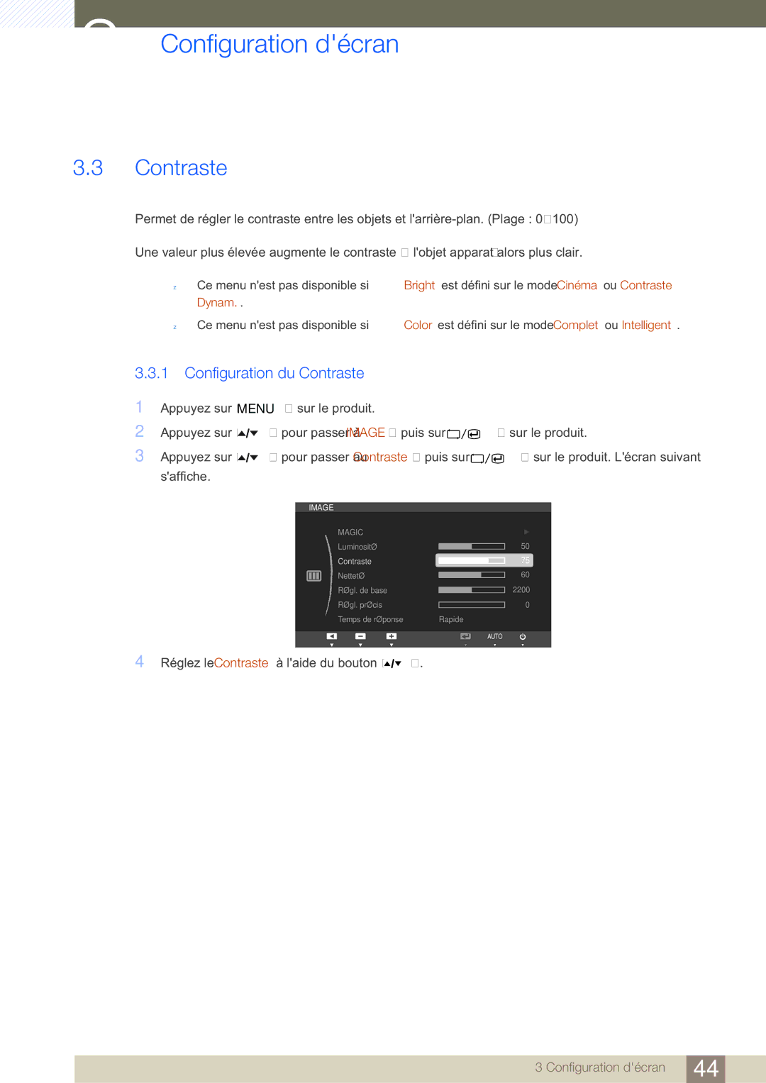 Samsung LS27A650DE/EN, LS24A650DE/EN, LS27A650DS/EN, LS24A650DS/EN, LS24A850DW/EN manual Configuration du Contraste 