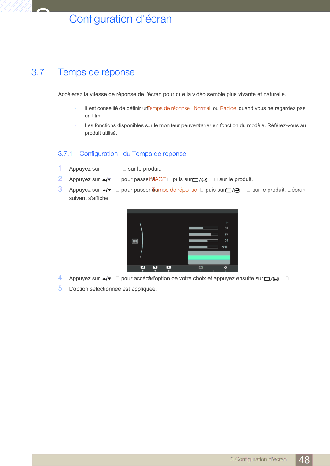 Samsung LS24A850DW/EN, LS24A650DE/EN, LS27A650DS/EN, LS24A650DS/EN, LS27A650DE/EN manual Configuration du Temps de réponse 