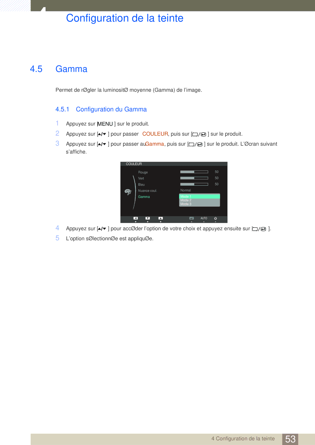 Samsung LS24A850DW/EN, LS24A650DE/EN, LS27A650DS/EN, LS24A650DS/EN, LS27A650DE/EN manual Configuration du Gamma 