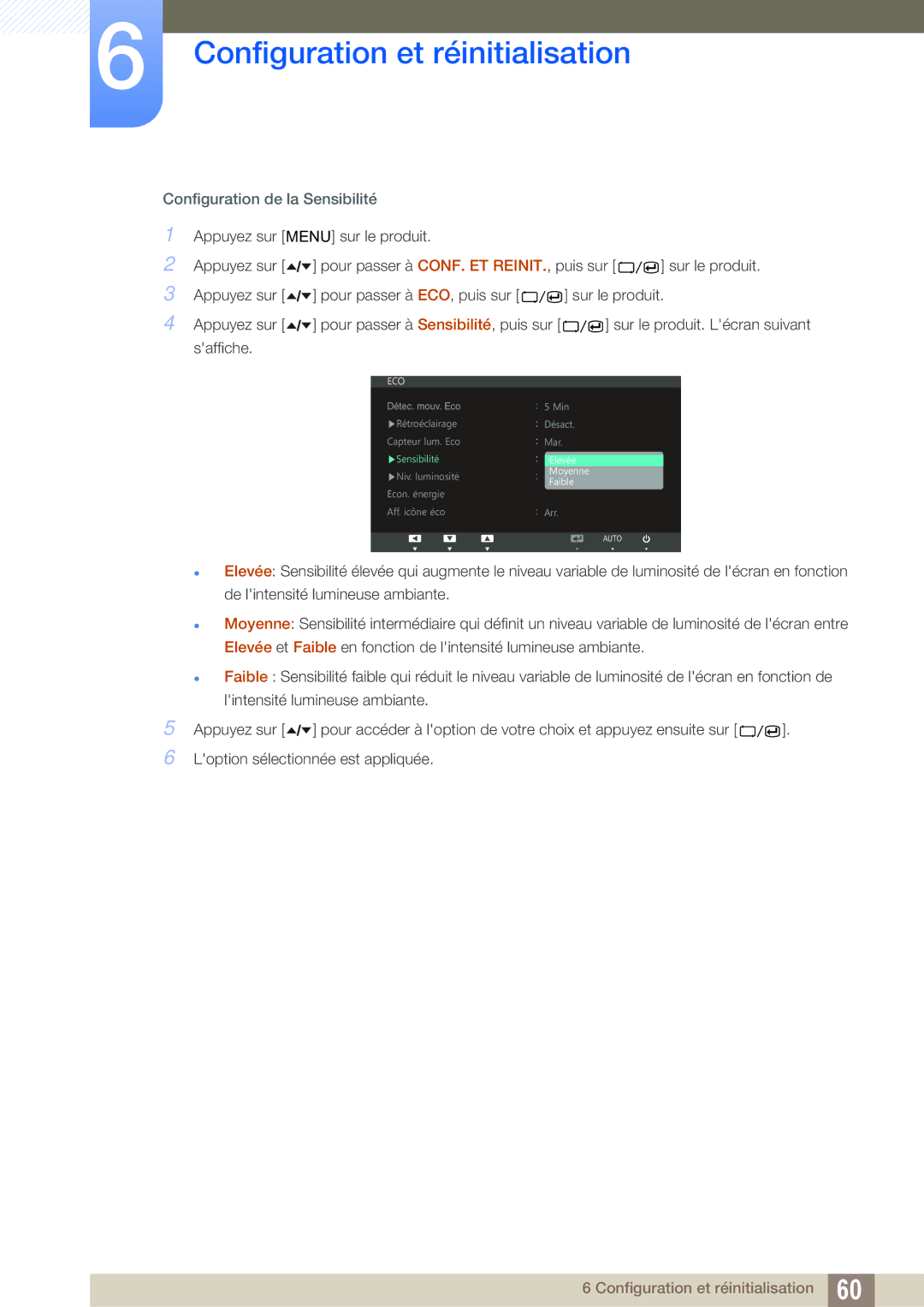 Samsung LS24A650DE/EN, LS27A650DS/EN, LS24A650DS/EN, LS24A850DW/EN, LS27A650DE/EN manual Configuration de la Sensibilité 