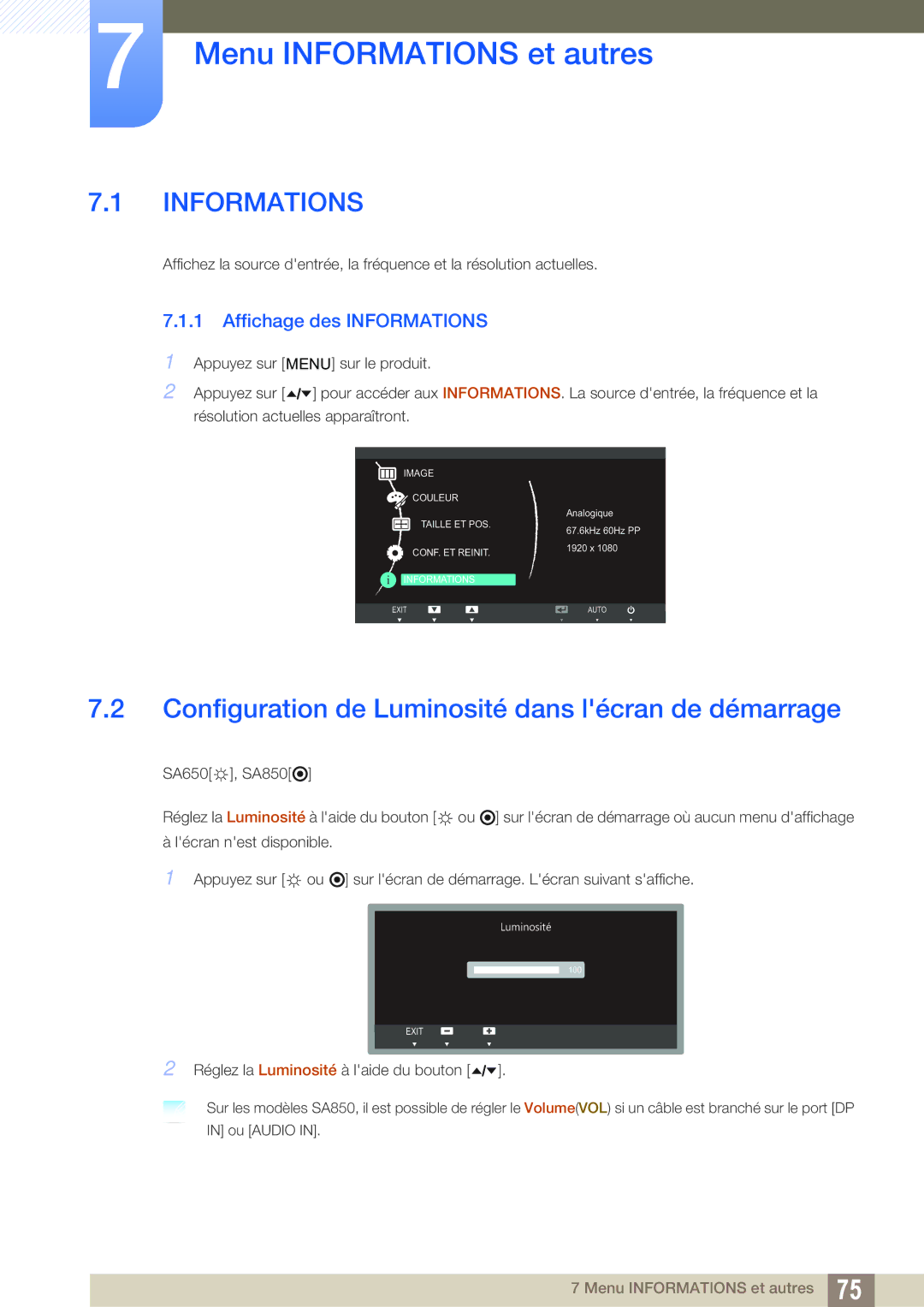 Samsung LS24A650DE/EN, LS27A650DS/EN Menu Informations et autres, Configuration de Luminosité dans lécran de démarrage 