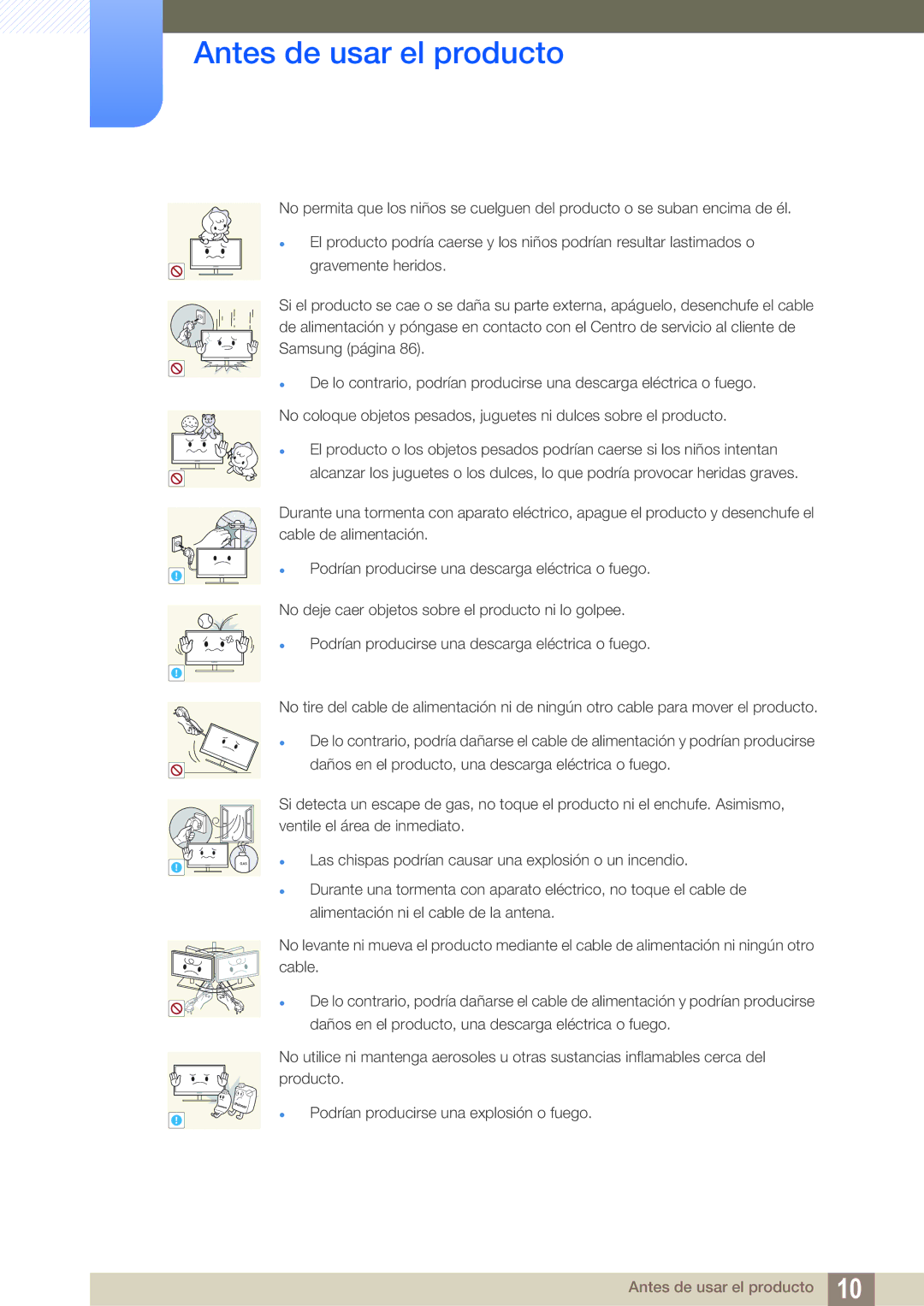 Samsung LS24A650DE/EN, LS27A650DS/EN, LS24A650DS/EN, LS24A850DW/EN Las chispas podrían causar una explosión o un incendio 