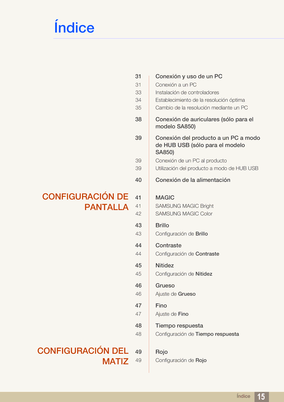 Samsung LS24A650DE/EN, LS27A650DS/EN, LS24A650DS/EN, LS24A850DW/EN Configuración DE 41 Pantalla Configuración DEL 49 Matiz 