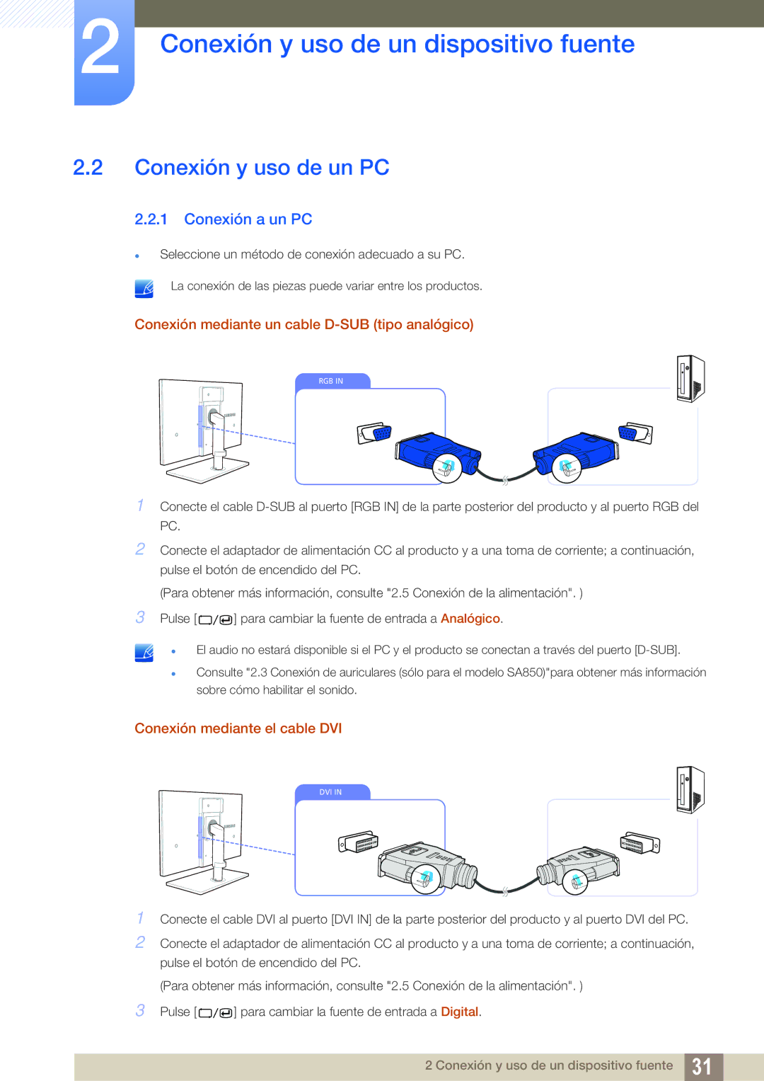 Samsung LS27A650DS/EN manual Conexión y uso de un PC, Conexión a un PC, Conexión mediante un cable D-SUB tipo analógico 