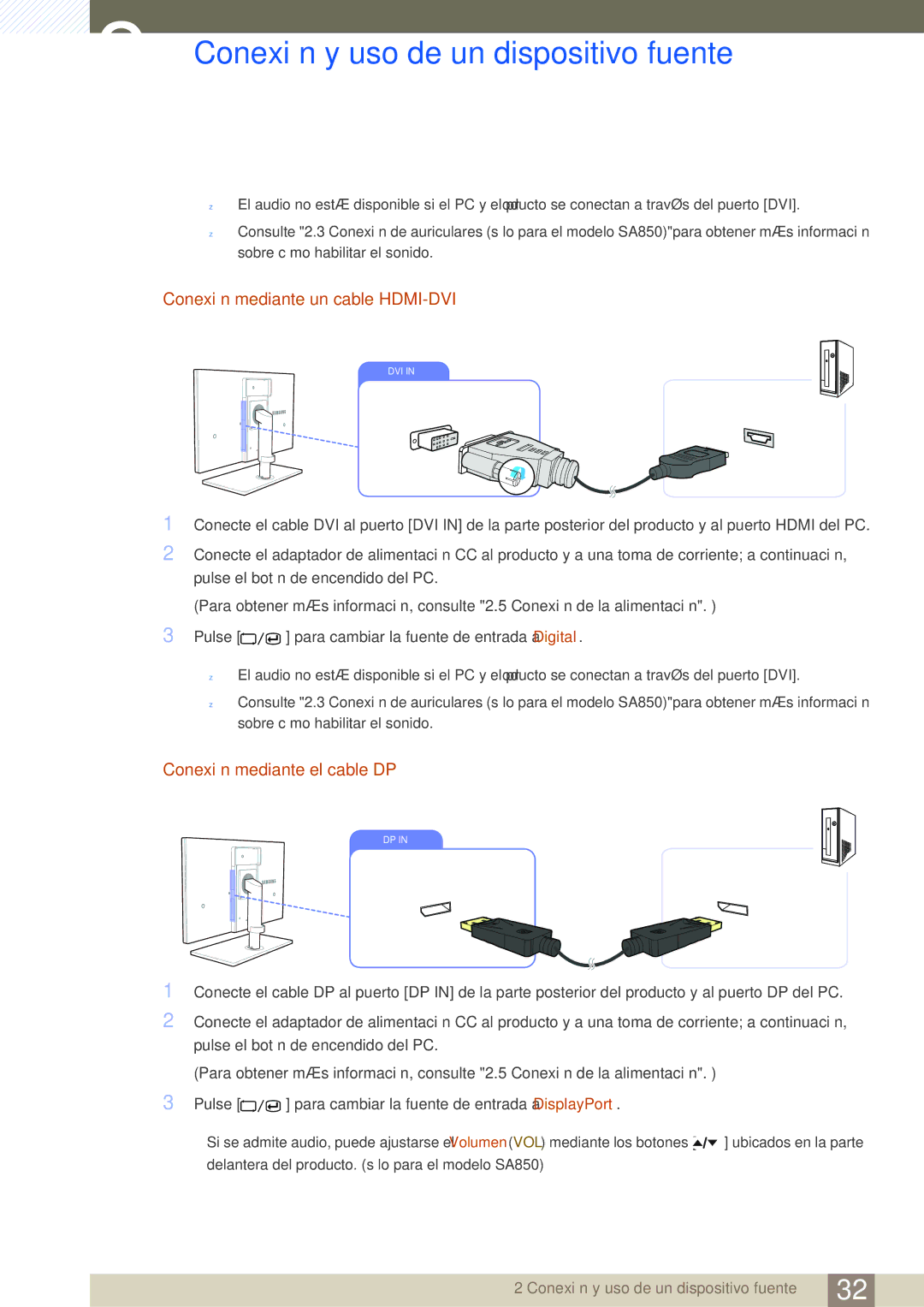 Samsung LS24A650DS/EN, LS24A650DE/EN, LS27A650DS/EN manual Conexión mediante un cable HDMI-DVI, Conexión mediante el cable DP 