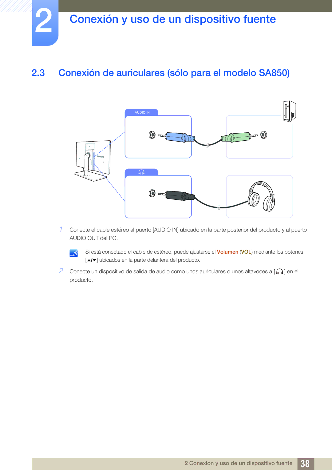 Samsung LS24A850DW/EN, LS24A650DE/EN, LS27A650DS/EN, LS24A650DS/EN manual Conexión de auriculares sólo para el modelo SA850 