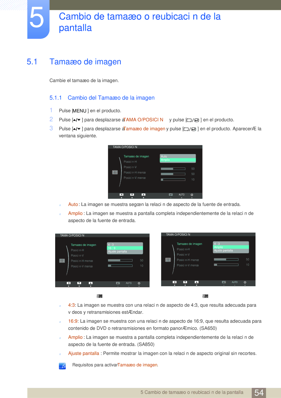 Samsung LS27A650DE/EN manual Cambiopantalla de tamaño o reubicación de la, Tamaño de imagen, Cambio del Tamaño de la imagen 