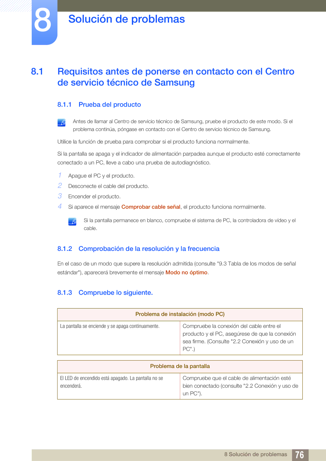 Samsung LS27A650DS/EN manual Solución de problemas, Prueba del producto, Comprobación de la resolución y la frecuencia 