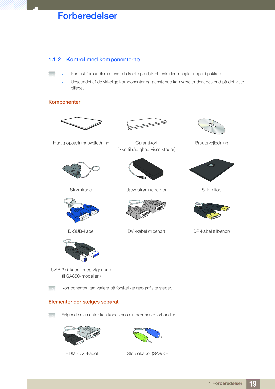 Samsung LS27A650DE/EN, LS24A650DE/EN, LS27A650DS/EN Kontrol med komponenterne, Komponenter, Elementer der sælges separat 