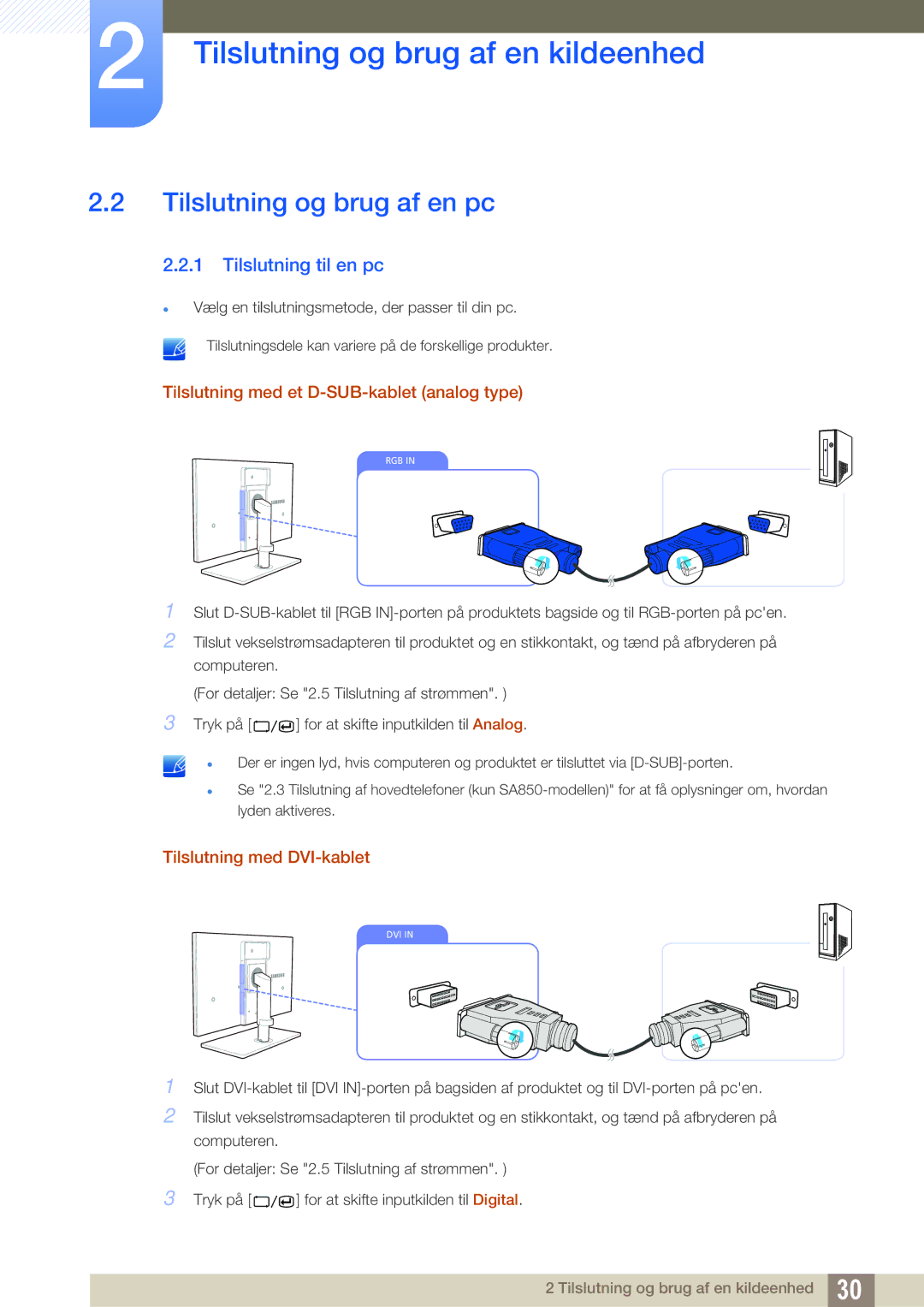 Samsung LS24A650DE/EN Tilslutning og brug af en pc, Tilslutning til en pc, Tilslutning med et D-SUB-kablet analog type 