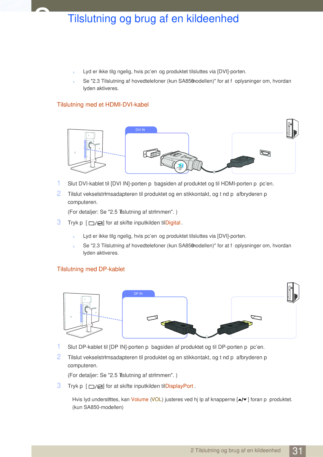 Samsung LS27A650DS/EN, LS24A650DE/EN, LS24A650DS/EN manual Tilslutning med et HDMI-DVI-kabel, Tilslutning med DP-kablet 