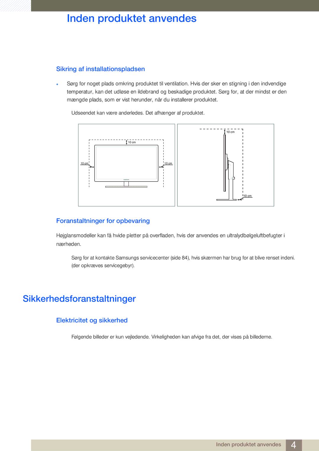 Samsung LS27A650DE/EN manual Sikkerhedsforanstaltninger, Sikring af installationspladsen, Foranstaltninger for opbevaring 