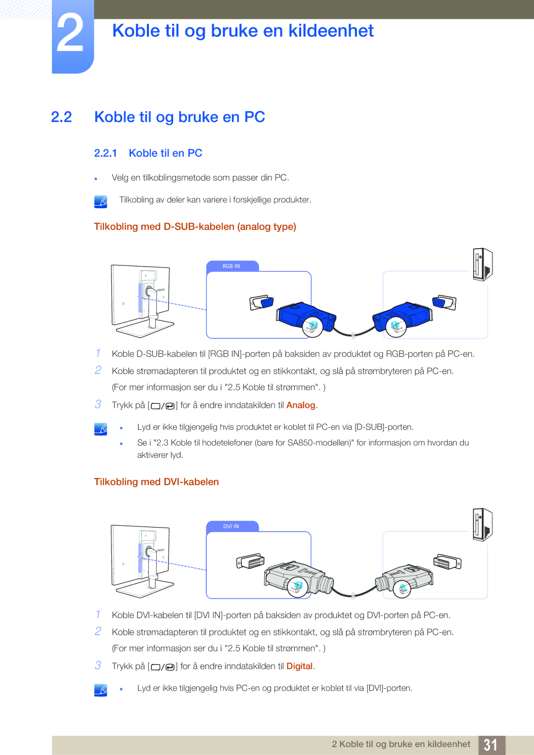 Samsung LS27A650DS/EN, LS24A650DE/EN Koble til og bruke en PC, Koble til en PC, Tilkobling med D-SUB-kabelen analog type 