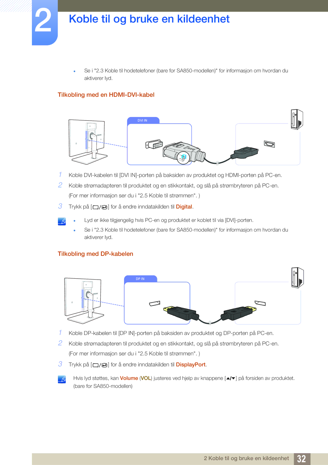 Samsung LS24A650DS/EN, LS24A650DE/EN, LS27A650DS/EN manual Tilkobling med en HDMI-DVI-kabel, Tilkobling med DP-kabelen 