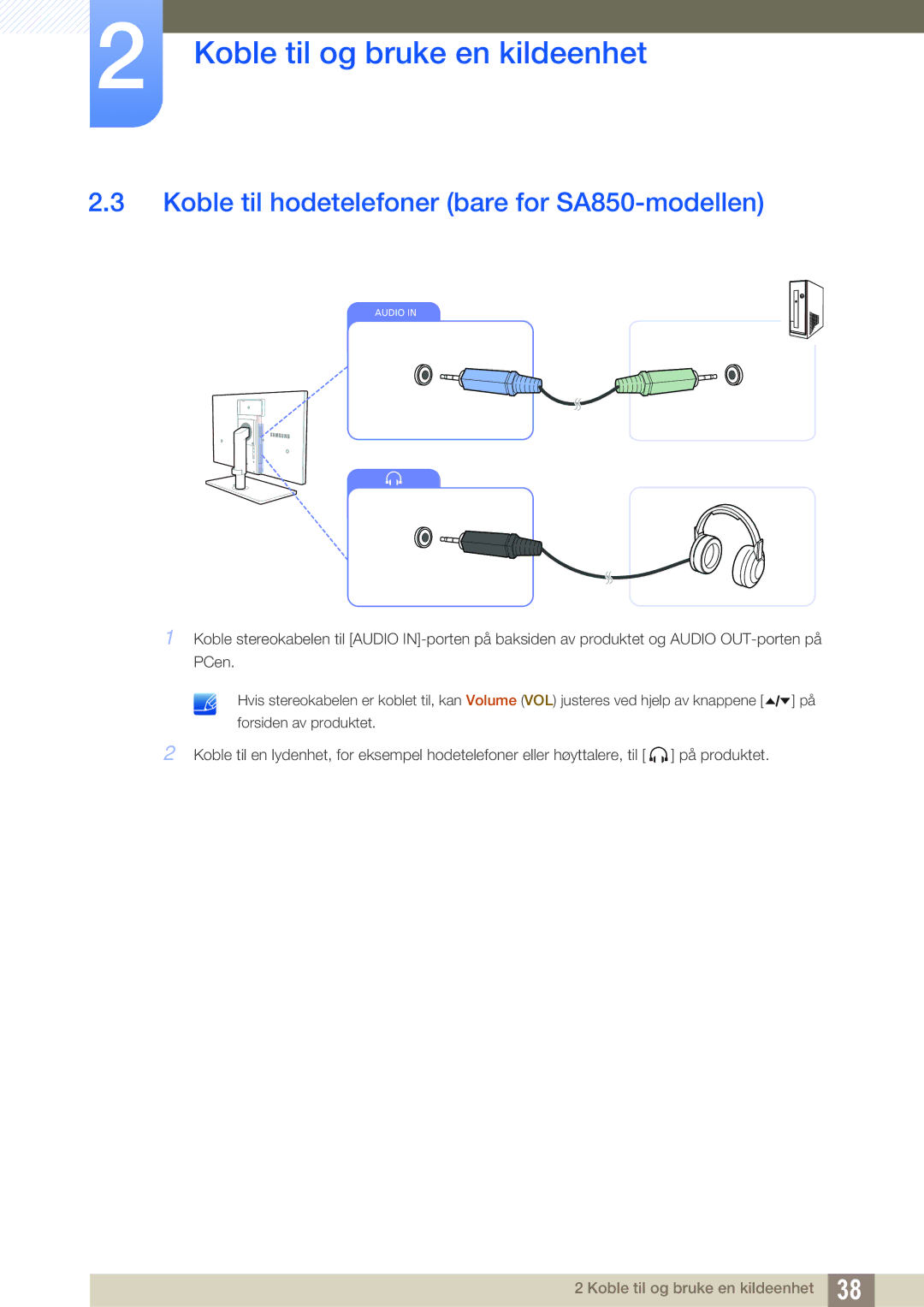 Samsung LS24A850DW/EN, LS24A650DE/EN, LS27A650DS/EN, LS24A650DS/EN manual Koble til hodetelefoner bare for SA850-modellen 