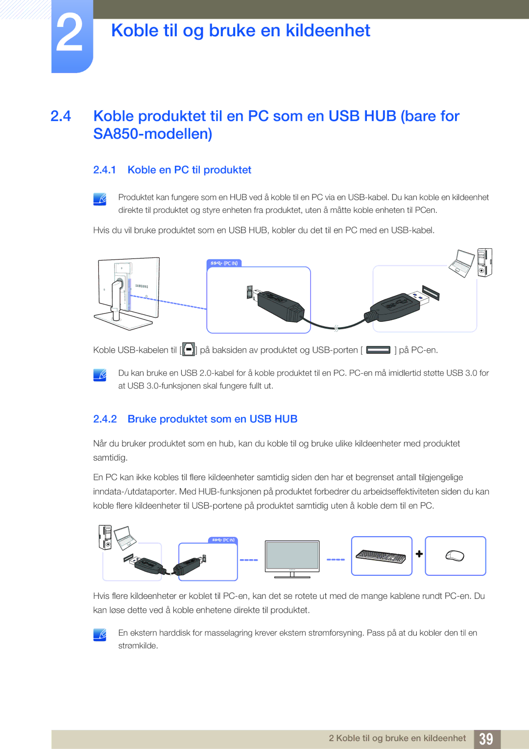 Samsung LS27A650DE/EN, LS24A650DE/EN, LS27A650DS/EN, LS24A650DS/EN Koble en PC til produktet, Bruke produktet som en USB HUB 