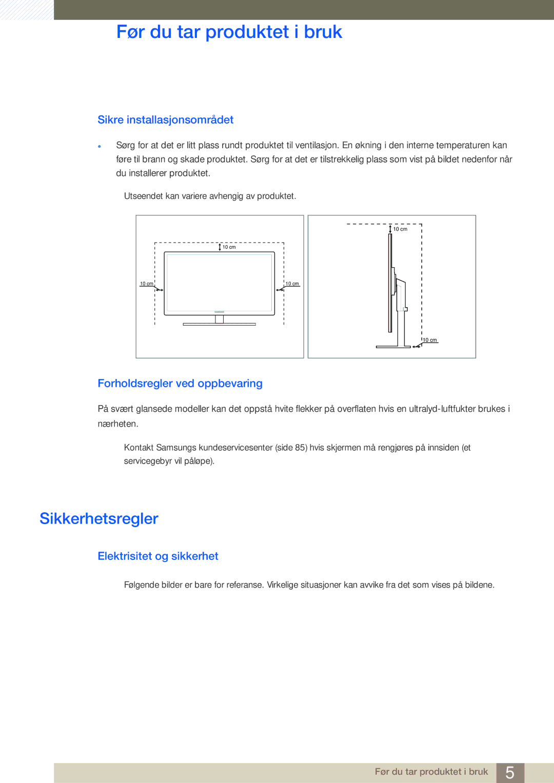 Samsung LS24A650DE/EN, LS27A650DS/EN manual Sikkerhetsregler, Sikre installasjonsområdet, Forholdsregler ved oppbevaring 