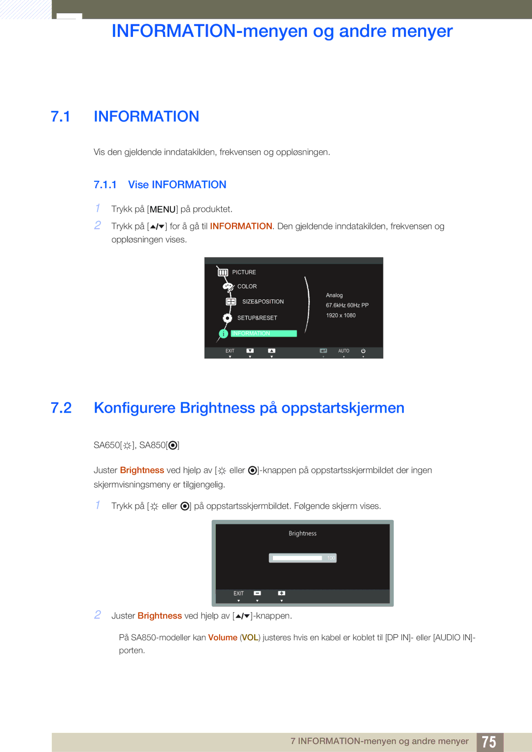 Samsung LS24A650DE/EN INFORMATION-menyen og andre menyer, Konfigurere Brightness på oppstartskjermen, Vise Information 