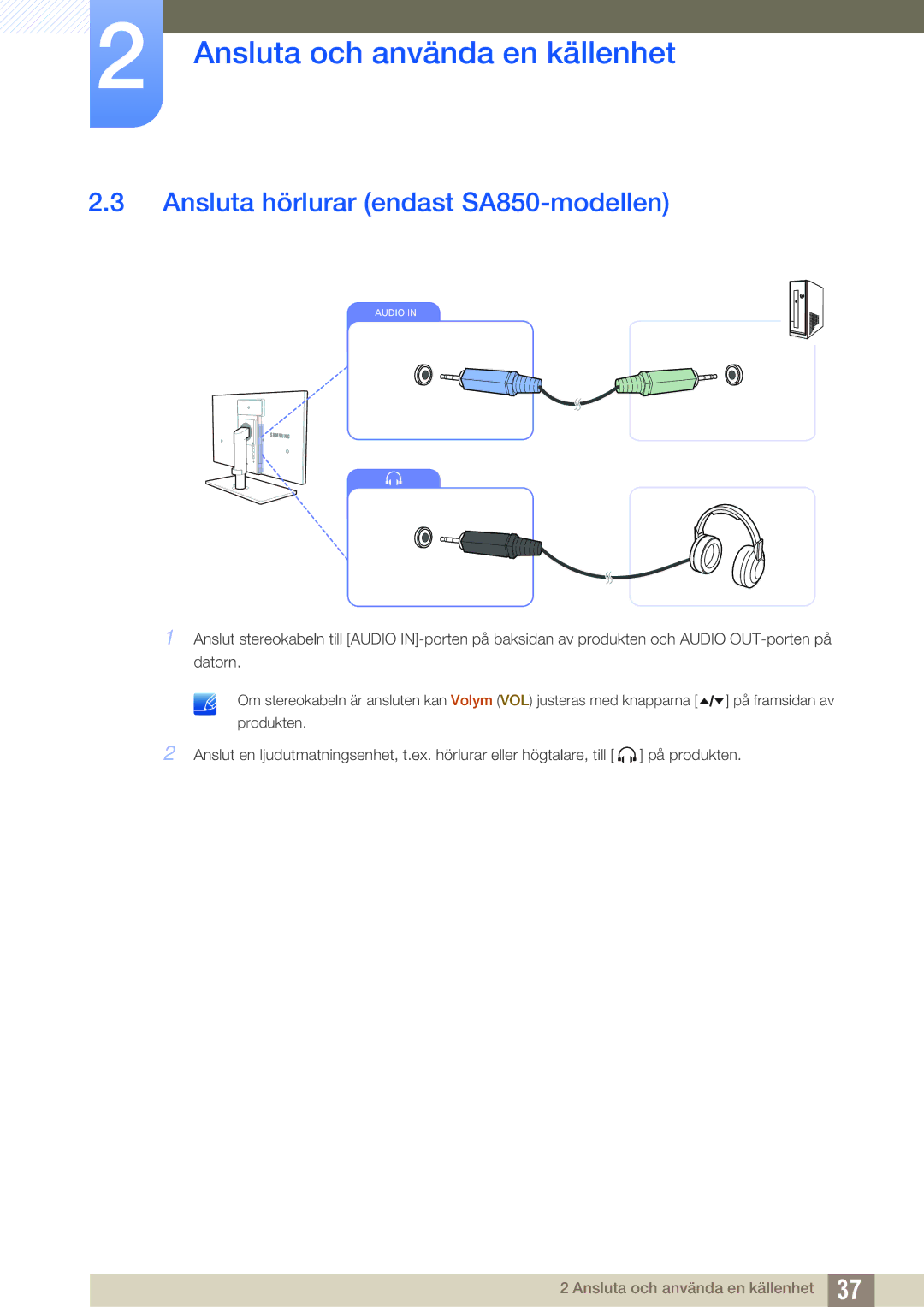 Samsung LS24A650DS/EN, LS24A650DE/EN, LS27A650DS/EN, LS24A850DW/EN, LS27A650DE/EN manual Ansluta hörlurar endast SA850-modellen 