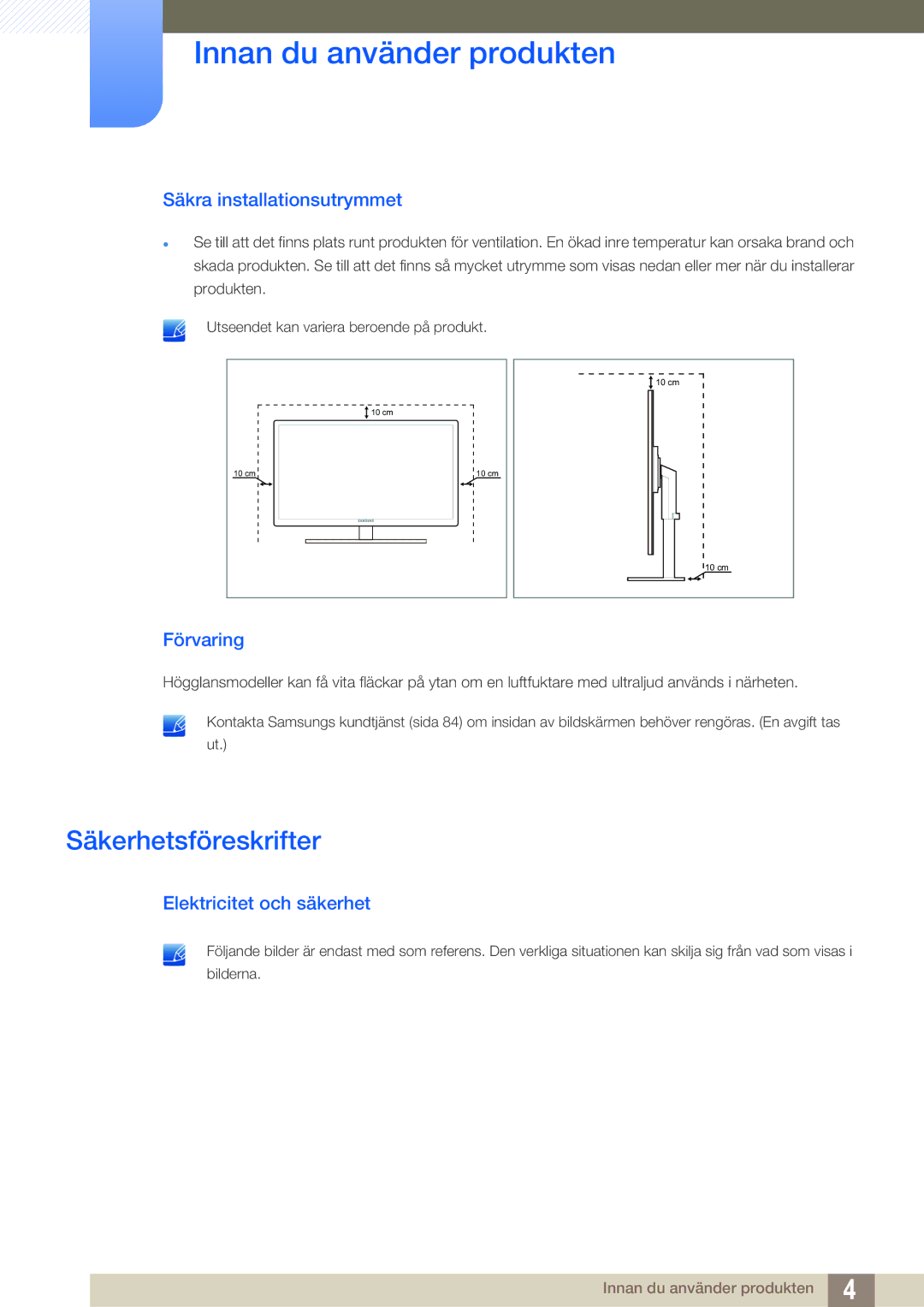 Samsung LS27A650DE/EN manual Säkerhetsföreskrifter, Säkra installationsutrymmet, Förvaring, Elektricitet och säkerhet 