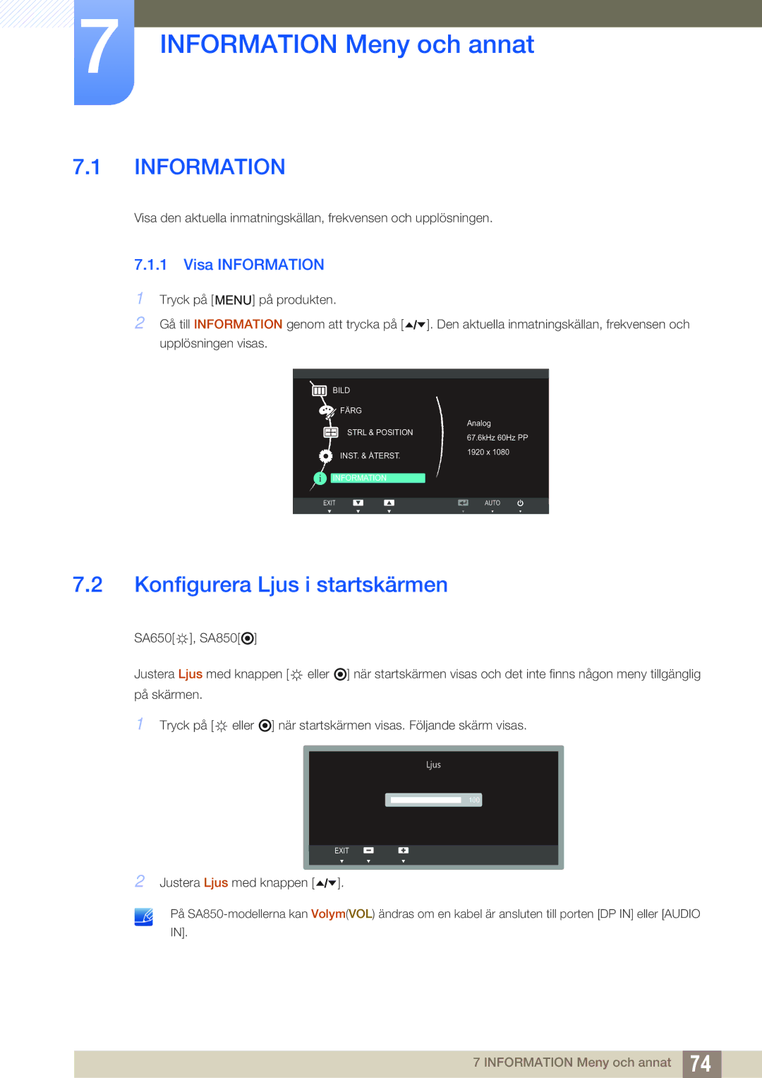 Samsung LS27A650DE/EN, LS24A650DE/EN manual Information Meny och annat, Konfigurera Ljus i startskärmen, Visa Information 