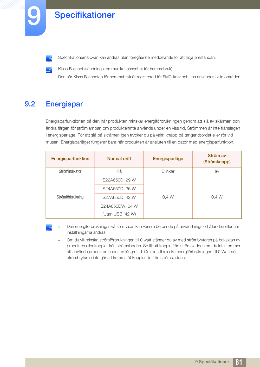 Samsung LS27A650DS/EN, LS24A650DE/EN, LS24A650DS/EN, LS24A850DW/EN, LS27A650DE/EN manual Energispar 