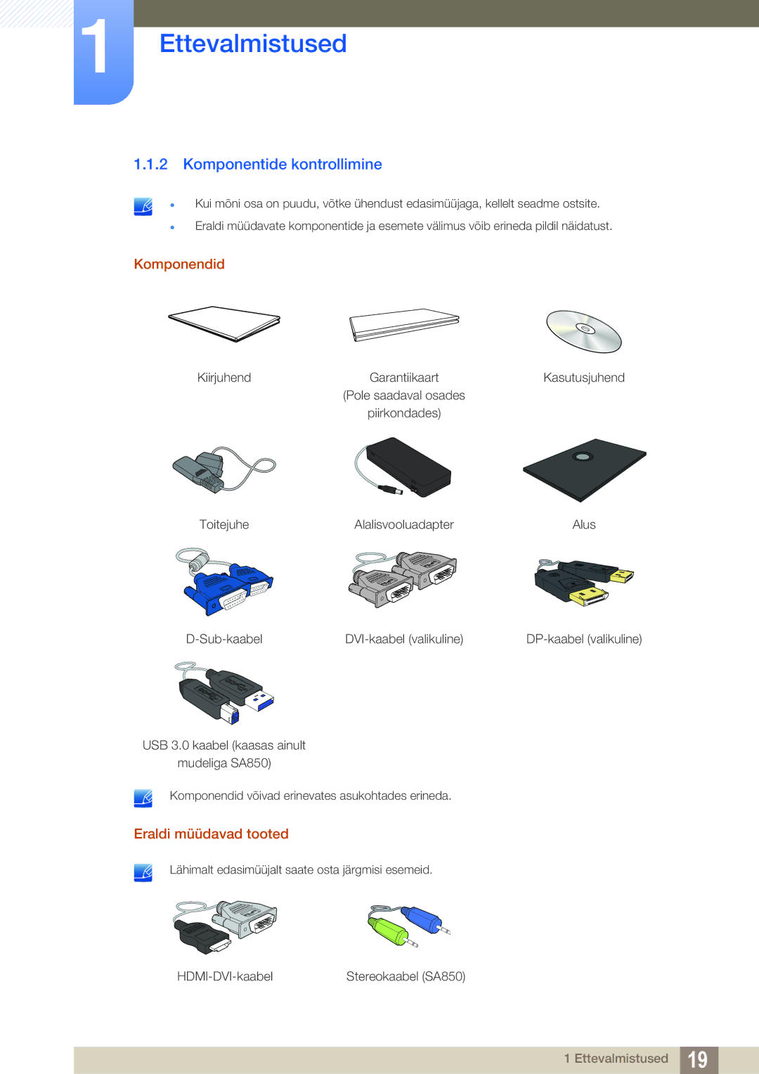 Samsung LS27A650DE/EN, LS24A650DE/EN, LS27A650DS/EN manual Komponentide kontrollimine, Komponendid, Eraldi müüdavad tooted 