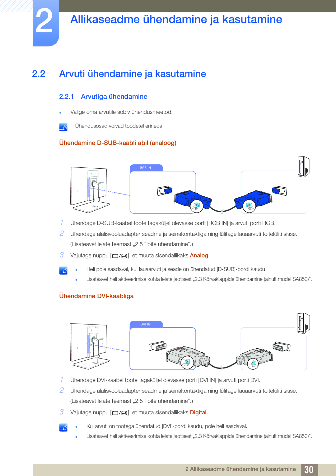 Samsung LS24A650DE/EN manual Arvuti ühendamine ja kasutamine, Arvutiga ühendamine, Ühendamine D-SUB-kaabli abil analoog 