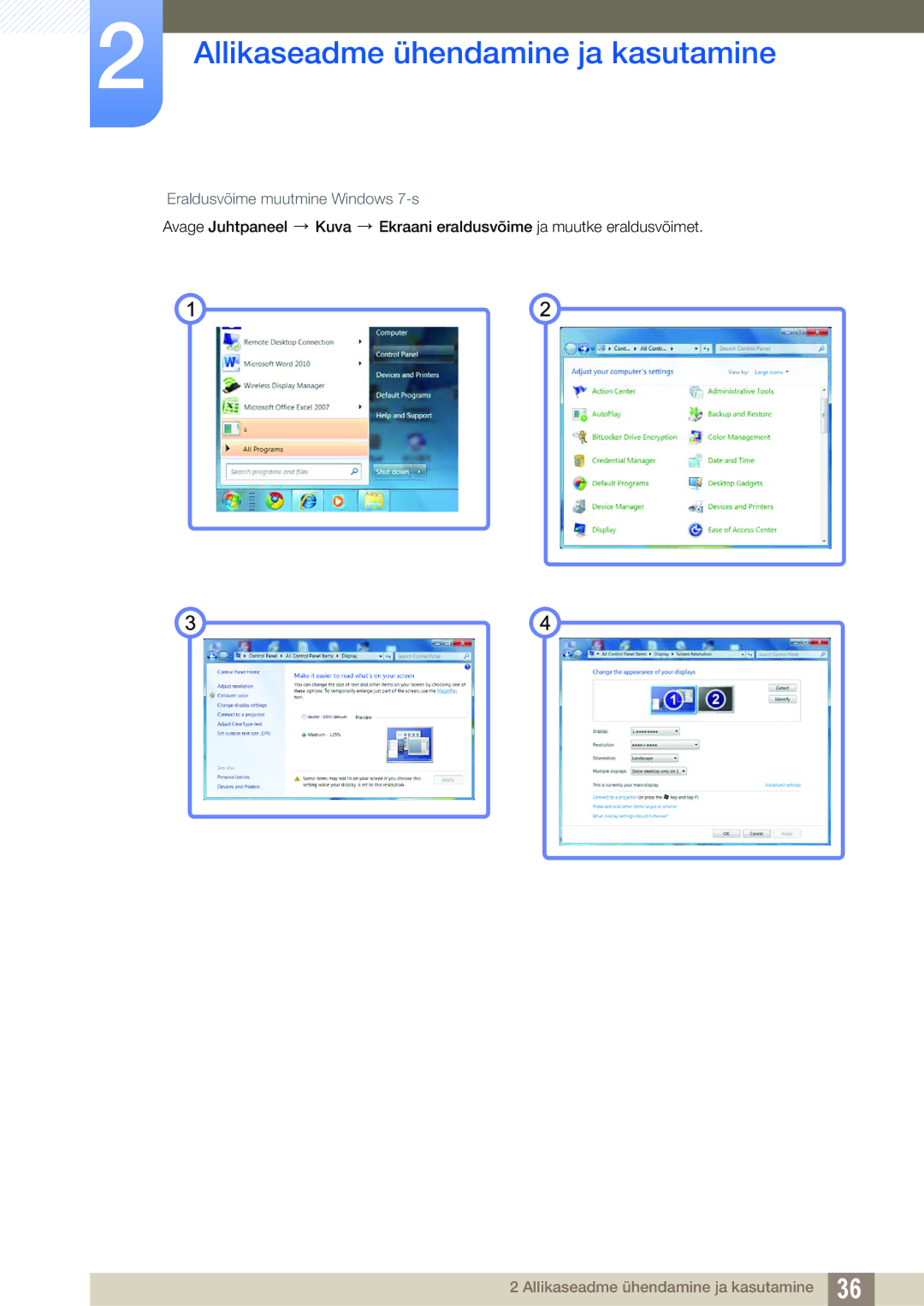 Samsung LS27A650DS/EN, LS24A650DE/EN, LS24A650DS/EN, LS24A850DW/EN, LS27A650DE/EN manual Eraldusvõime muutmine Windows 7-s 