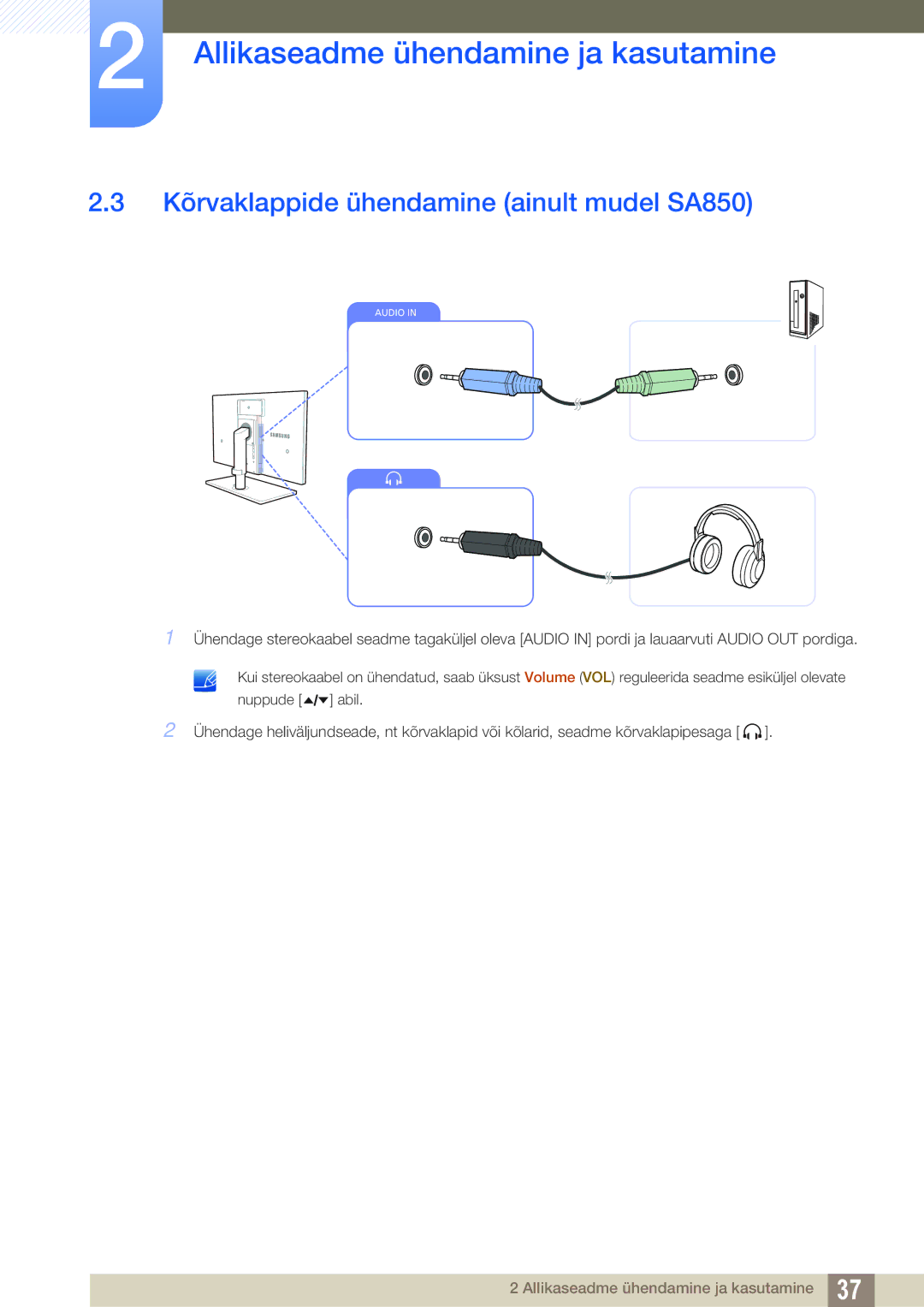 Samsung LS24A650DS/EN, LS24A650DE/EN, LS27A650DS/EN, LS24A850DW/EN, LS27A650DE/EN Kõrvaklappide ühendamine ainult mudel SA850 