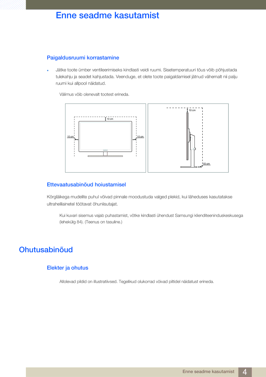 Samsung LS27A650DE/EN manual Ohutusabinõud, Paigaldusruumi korrastamine, Ettevaatusabinõud hoiustamisel, Elekter ja ohutus 