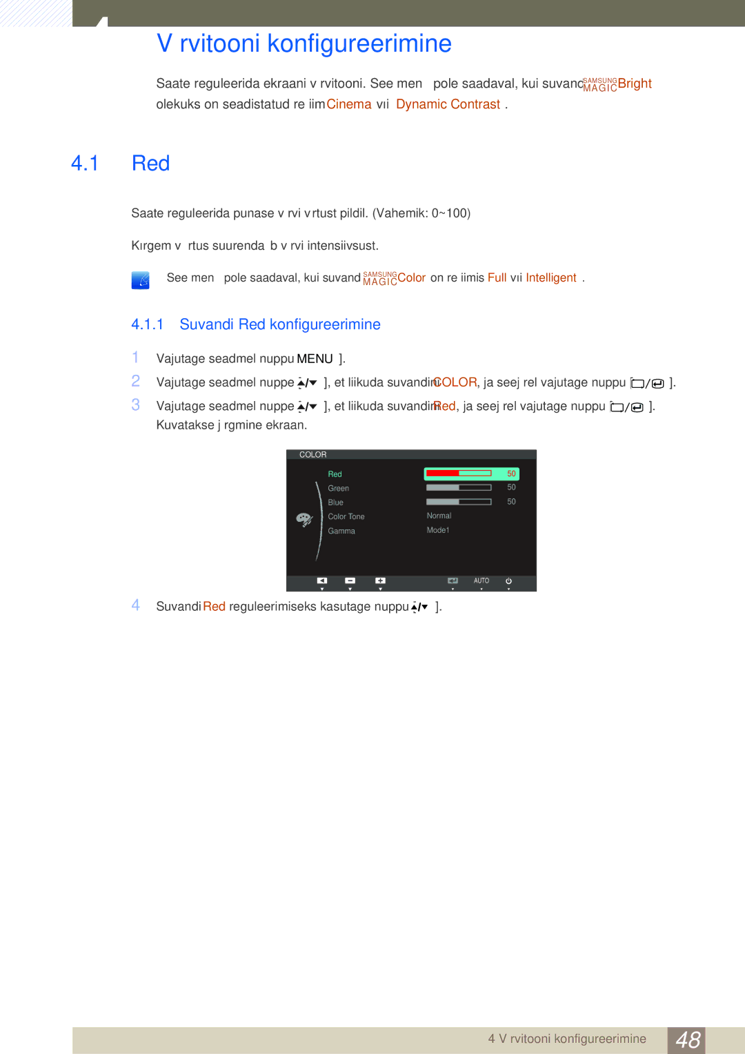 Samsung LS24A850DW/EN, LS24A650DE/EN, LS27A650DS/EN manual Värvitooni konfigureerimine, Suvandi Red konfigureerimine 