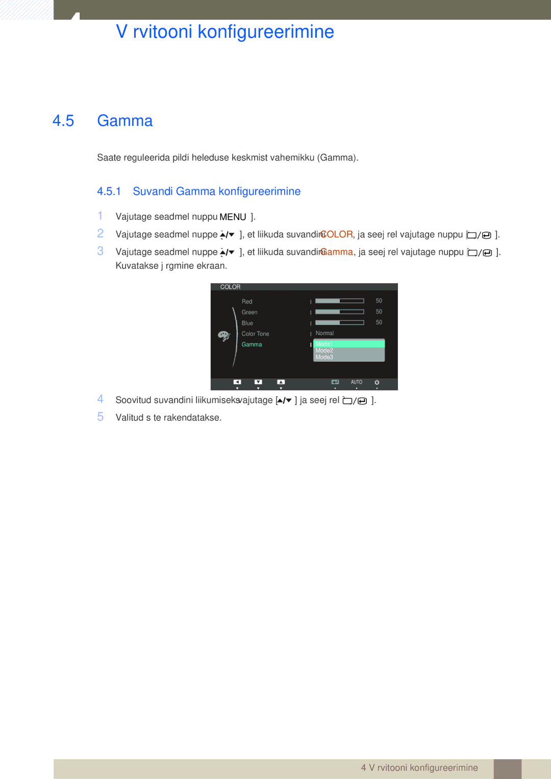 Samsung LS24A650DS/EN, LS24A650DE/EN, LS27A650DS/EN, LS24A850DW/EN, LS27A650DE/EN manual Suvandi Gamma konfigureerimine 