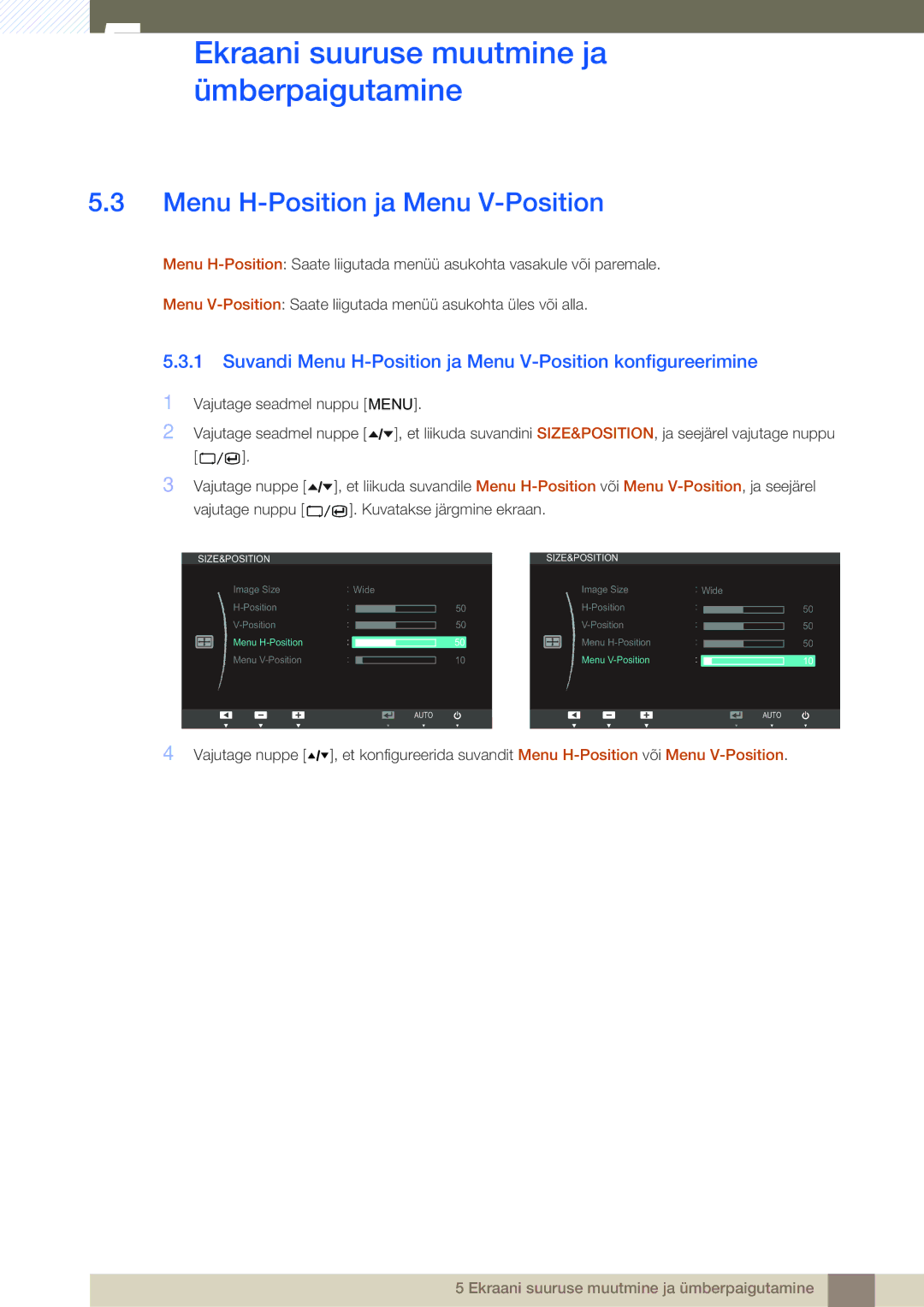 Samsung LS24A650DE/EN, LS27A650DS/EN, LS24A650DS/EN manual Suvandi Menu H-Position ja Menu V-Position konfigureerimine 