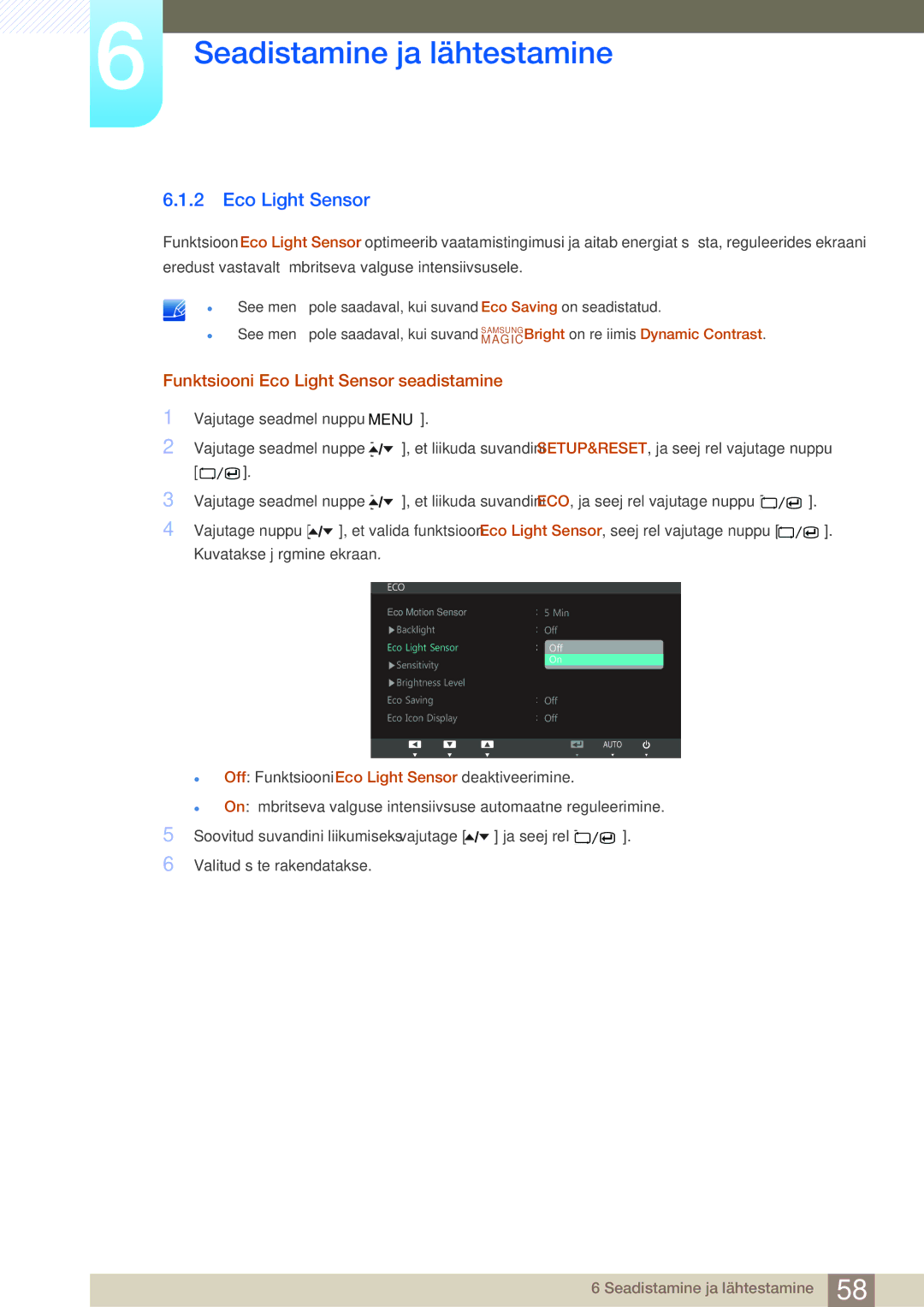 Samsung LS24A850DW/EN, LS24A650DE/EN, LS27A650DS/EN, LS24A650DS/EN manual Funktsiooni Eco Light Sensor seadistamine 