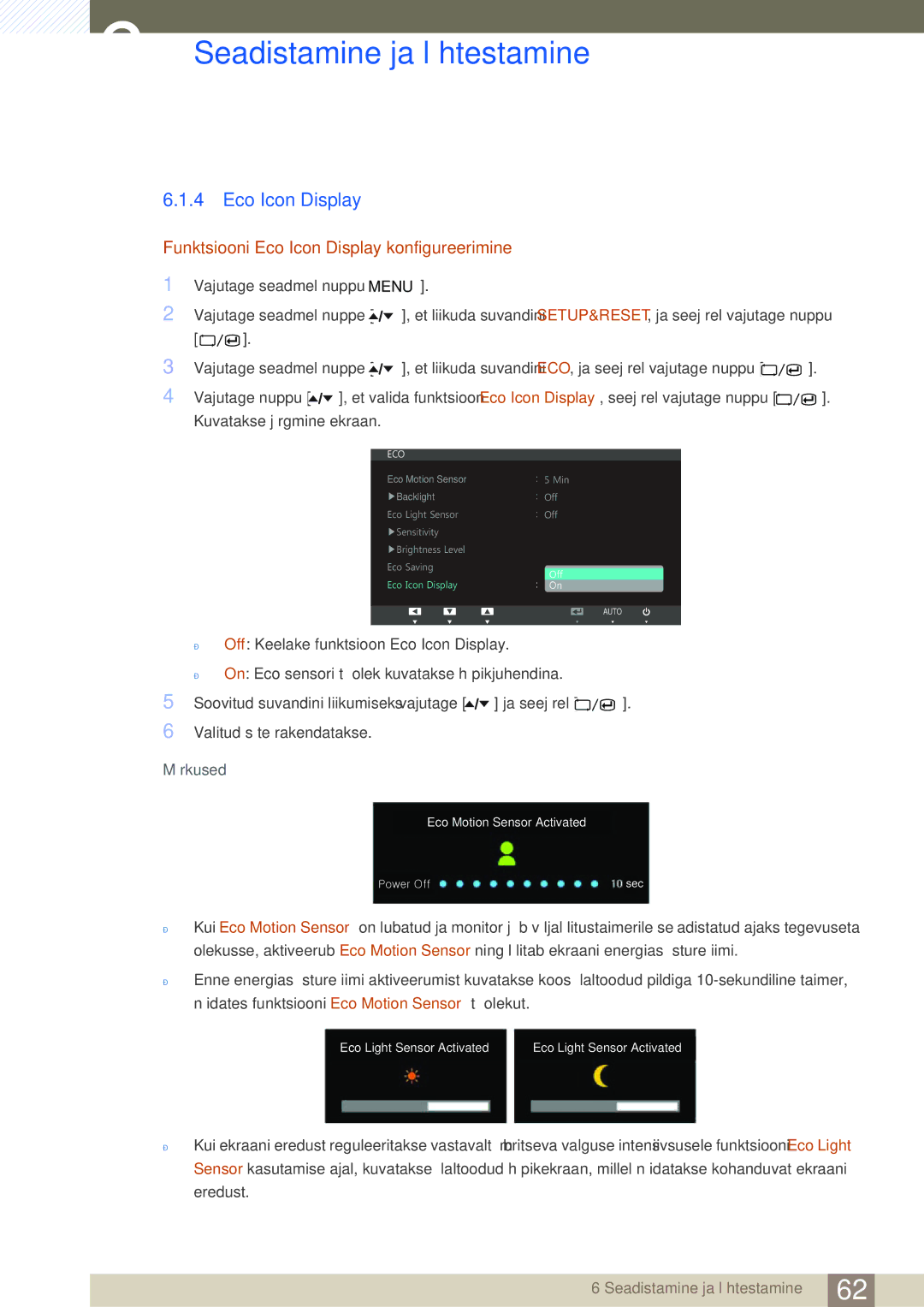 Samsung LS24A650DS/EN, LS24A650DE/EN, LS27A650DS/EN, LS24A850DW/EN manual Funktsiooni Eco Icon Display konfigureerimine 