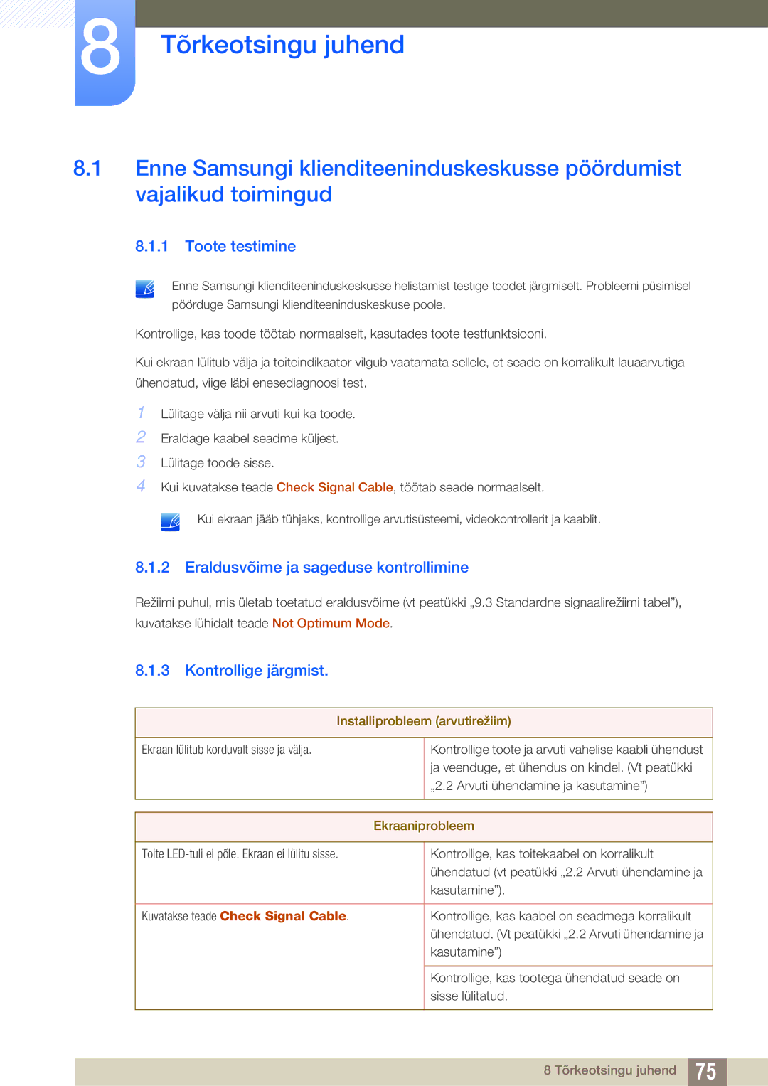 Samsung LS24A650DE/EN Tõrkeotsingu juhend, Toote testimine, Eraldusvõime ja sageduse kontrollimine, Kontrollige järgmist 