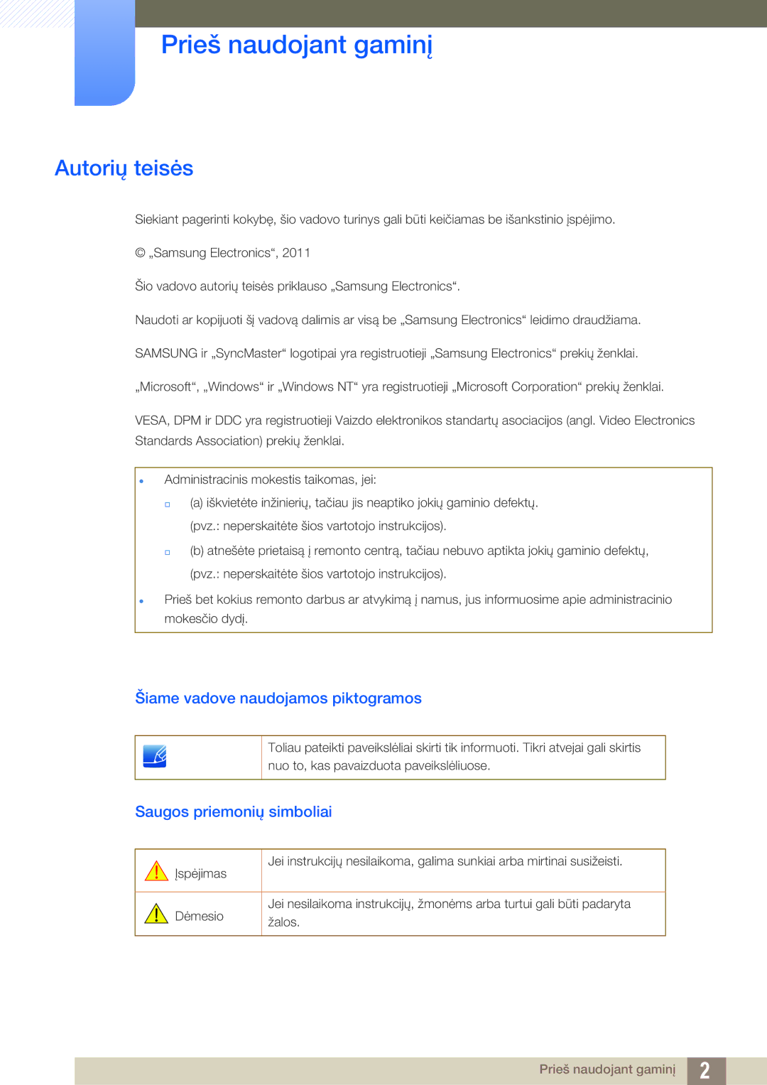 Samsung LS24A650DS/EN, LS24A650DE/EN manual Prieš naudojant gaminį, Autorių teisės, Šiame vadove naudojamos piktogramos 