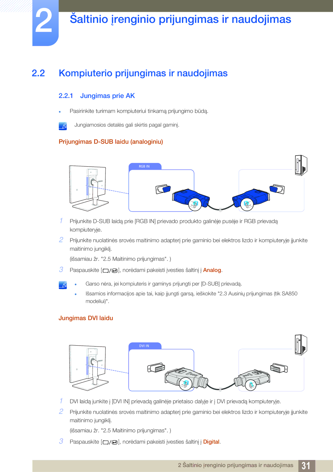 Samsung LS27A650DS/EN manual Kompiuterio prijungimas ir naudojimas, Jungimas prie AK, Prijungimas D-SUB laidu analoginiu 