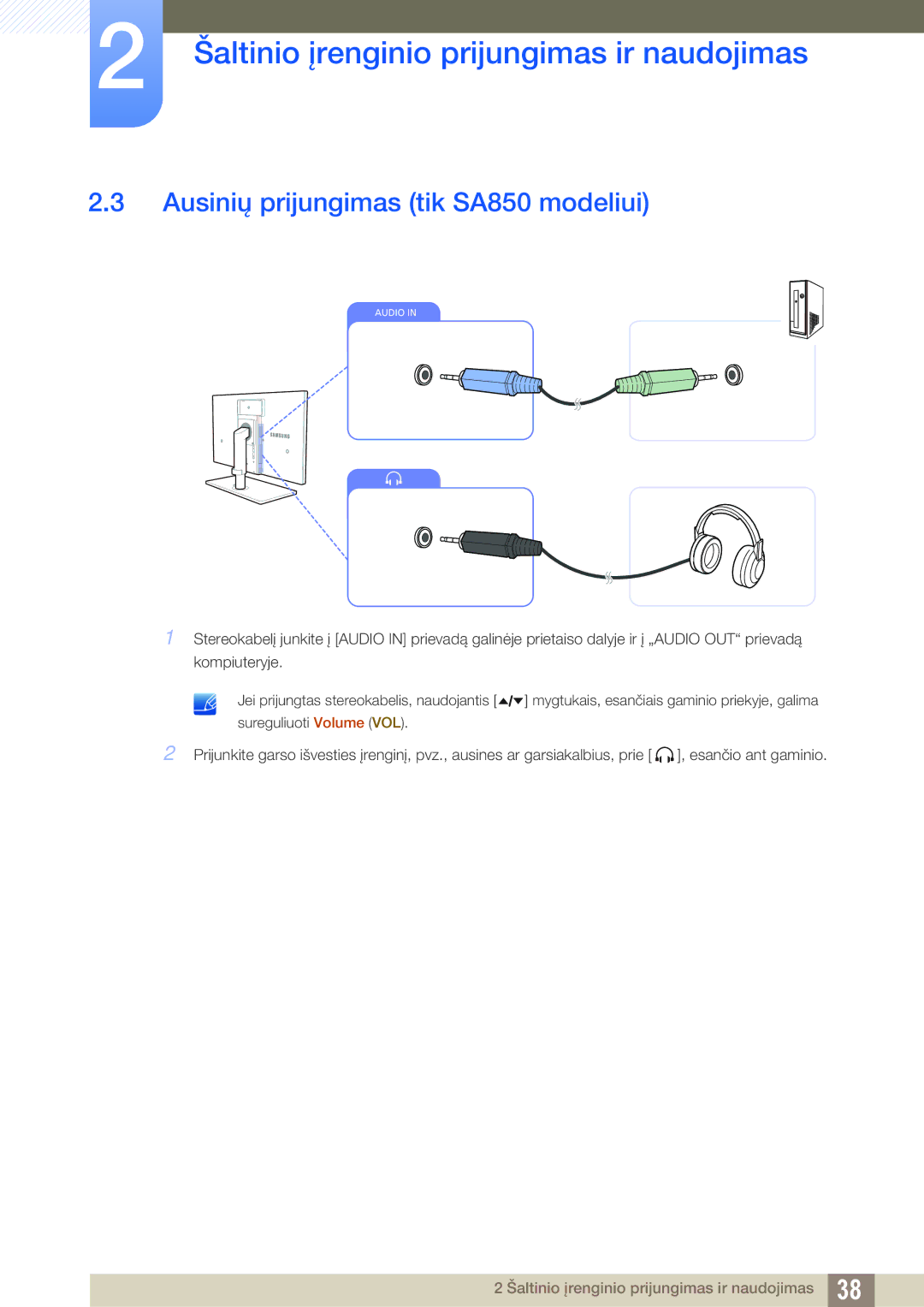 Samsung LS24A850DW/EN, LS24A650DE/EN, LS27A650DS/EN, LS24A650DS/EN, LS27A650DE/EN manual Ausinių prijungimas tik SA850 modeliui 