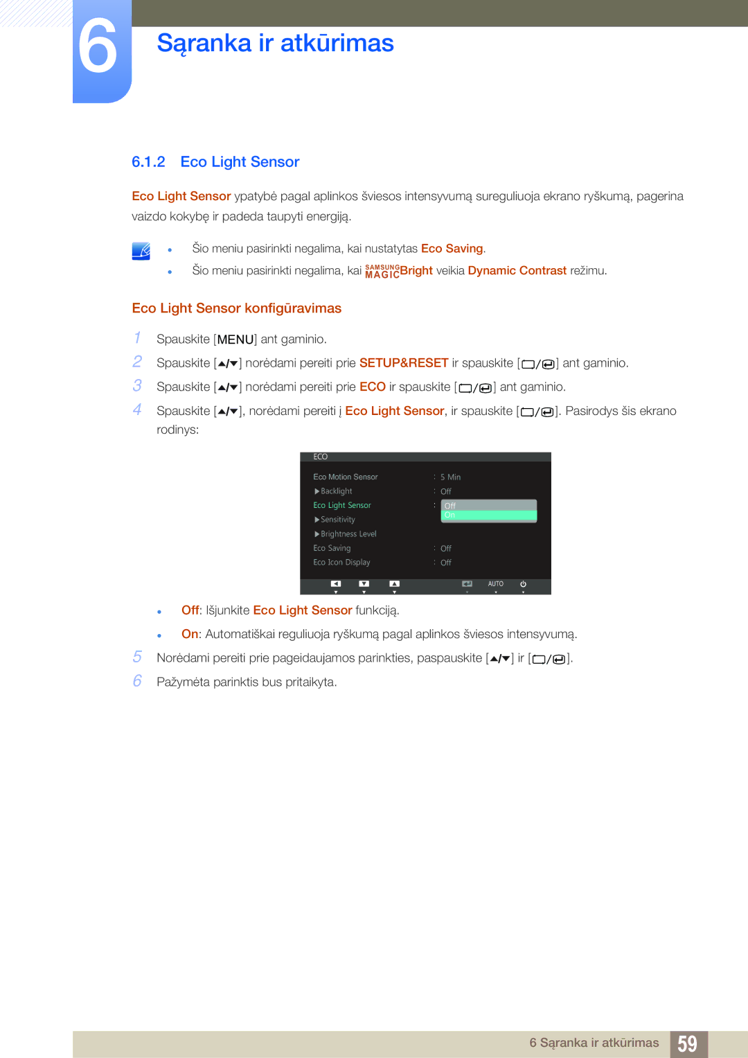 Samsung LS27A650DE/EN, LS24A650DE/EN, LS27A650DS/EN, LS24A650DS/EN, LS24A850DW/EN manual Eco Light Sensor konfigūravimas 